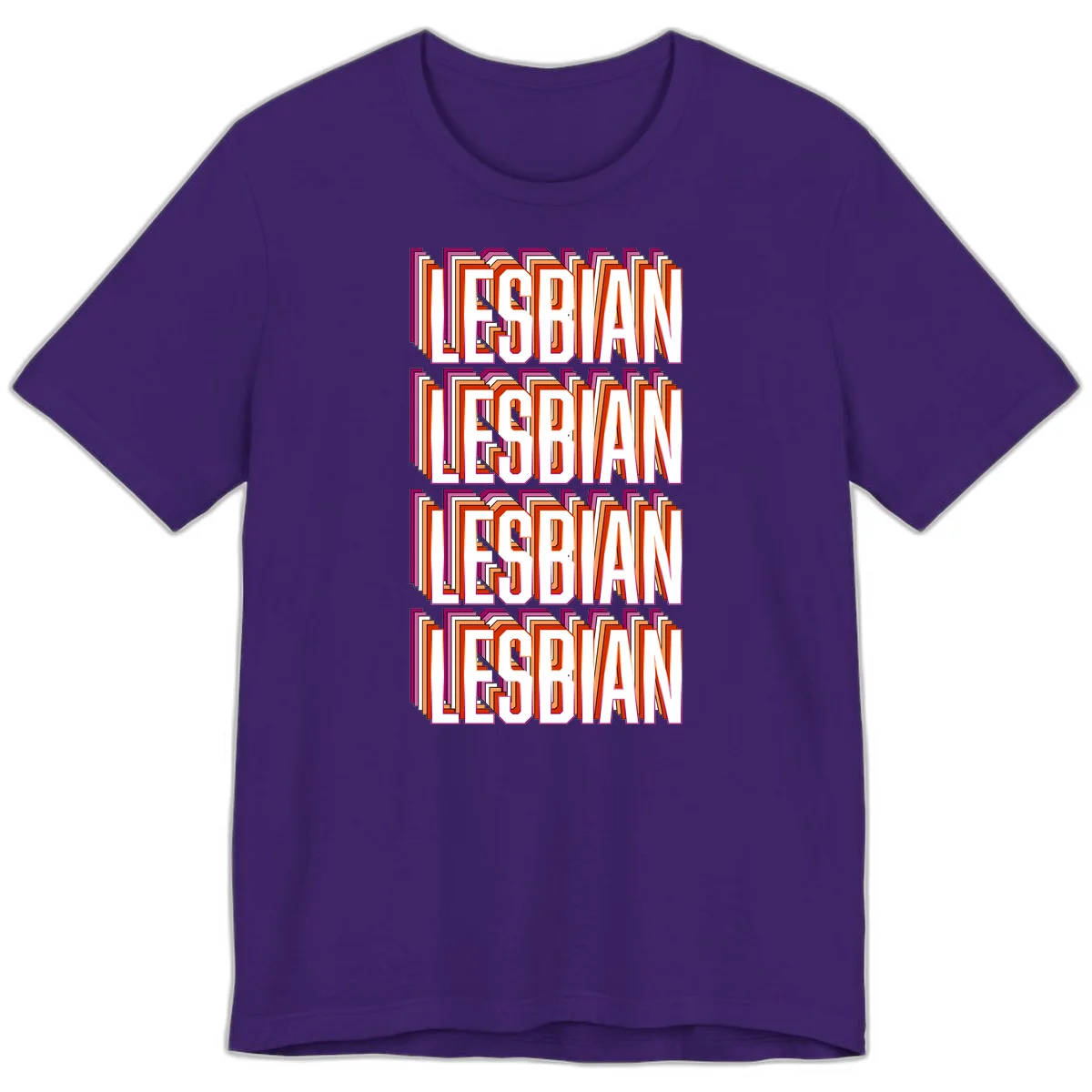 Lesbian retro 3D text design with layered purple, magenta, orange and red striped lettering creating dimensional shadow effect in Team Purple