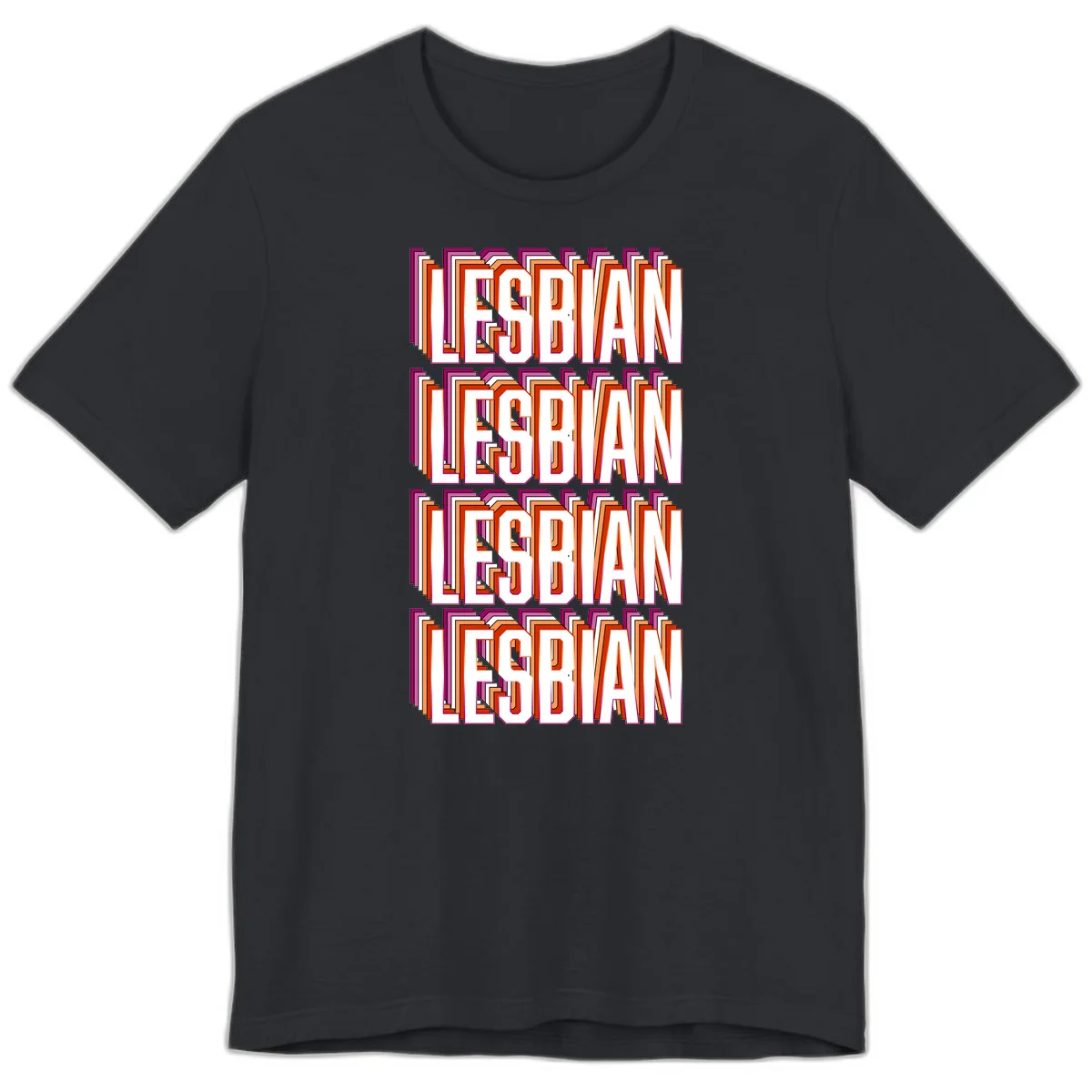 Lesbian retro 3D text design with layered purple, magenta, orange and red striped lettering creating dimensional shadow effect in Vintage Black