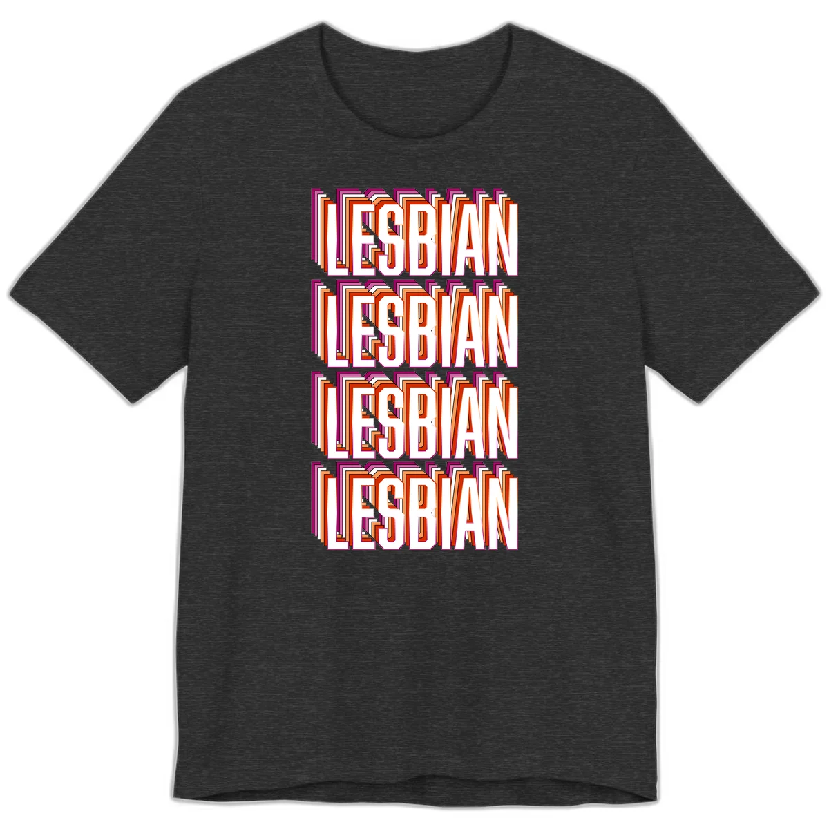 Lesbian retro 3D text design with layered purple, magenta, orange and red striped lettering creating dimensional shadow effect in Dark Grey Heather