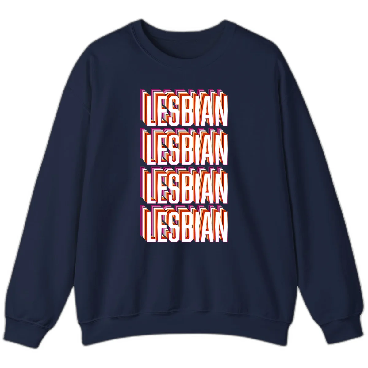 Lesbian retro 3D text design with layered purple, magenta, orange and red striped lettering creating dimensional shadow effect in Navy