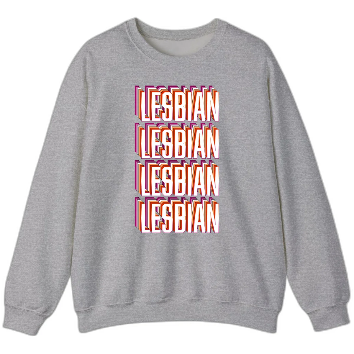 Lesbian retro 3D text design with layered purple, magenta, orange and red striped lettering creating dimensional shadow effect in Sport Grey