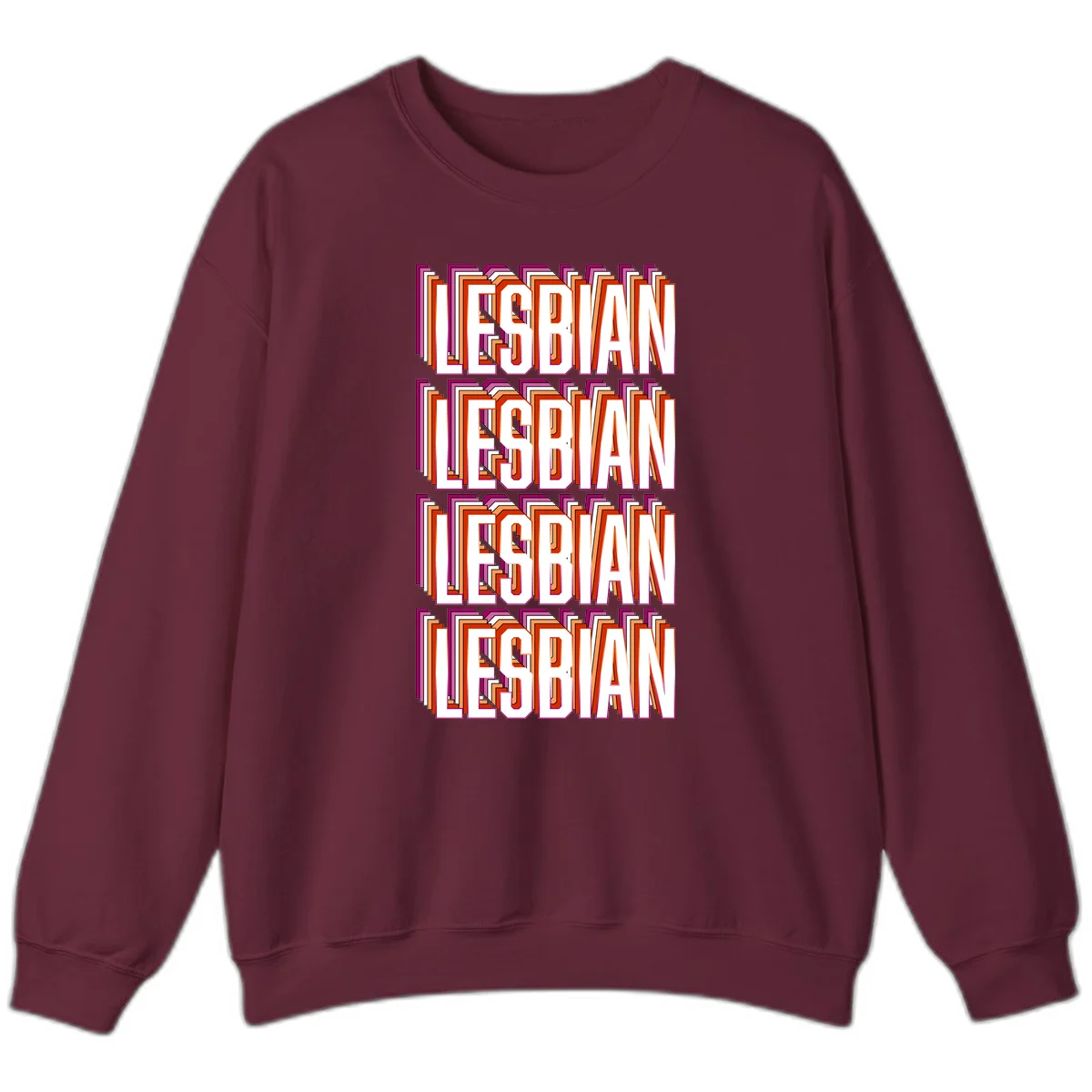 Lesbian retro 3D text design with layered purple, magenta, orange and red striped lettering creating dimensional shadow effect in Maroon