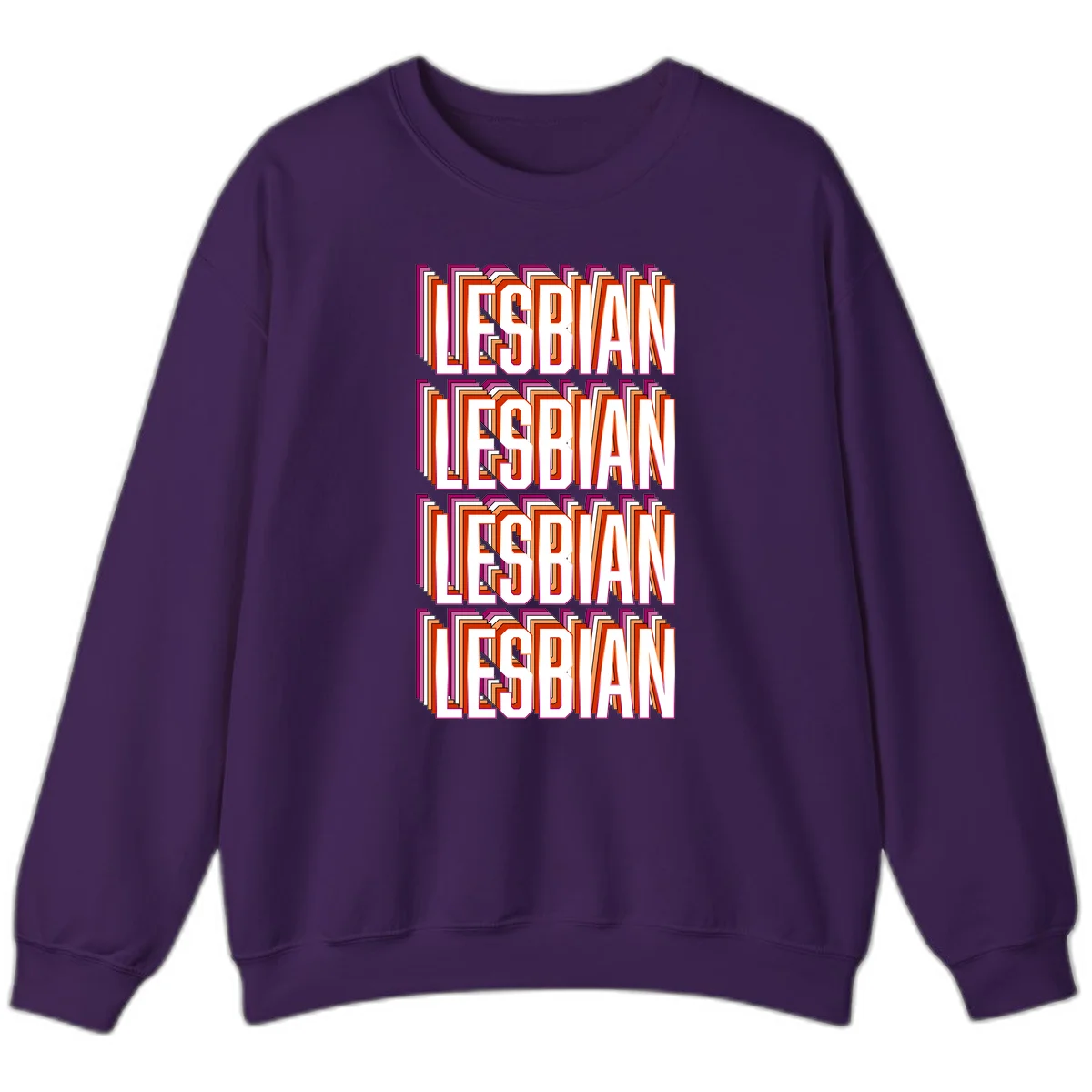 Lesbian retro 3D text design with layered purple, magenta, orange and red striped lettering creating dimensional shadow effect in Purple