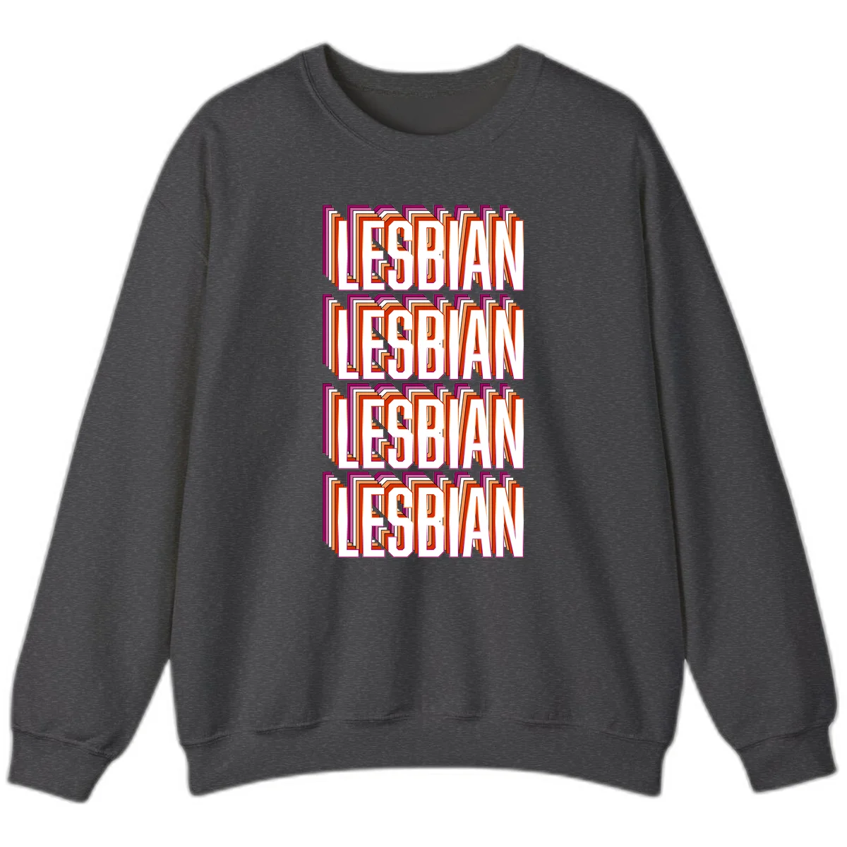 Lesbian retro 3D text design with layered purple, magenta, orange and red striped lettering creating dimensional shadow effect in Dark Heather