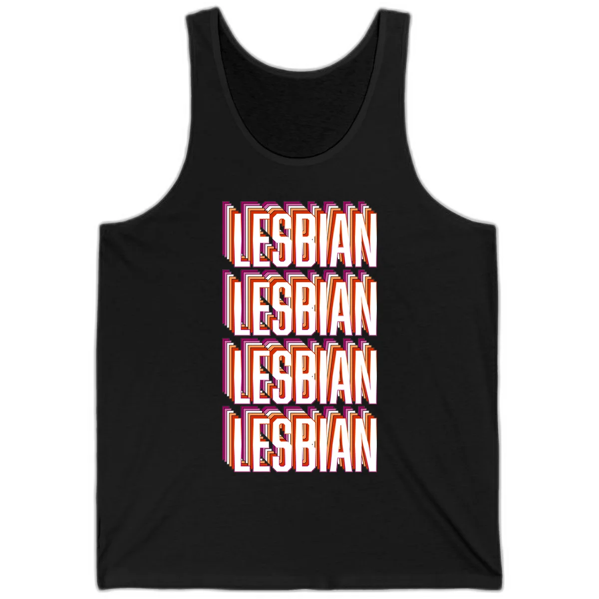 Lesbian retro 3D text design with layered purple, magenta, orange and red striped lettering creating dimensional shadow effect in Black