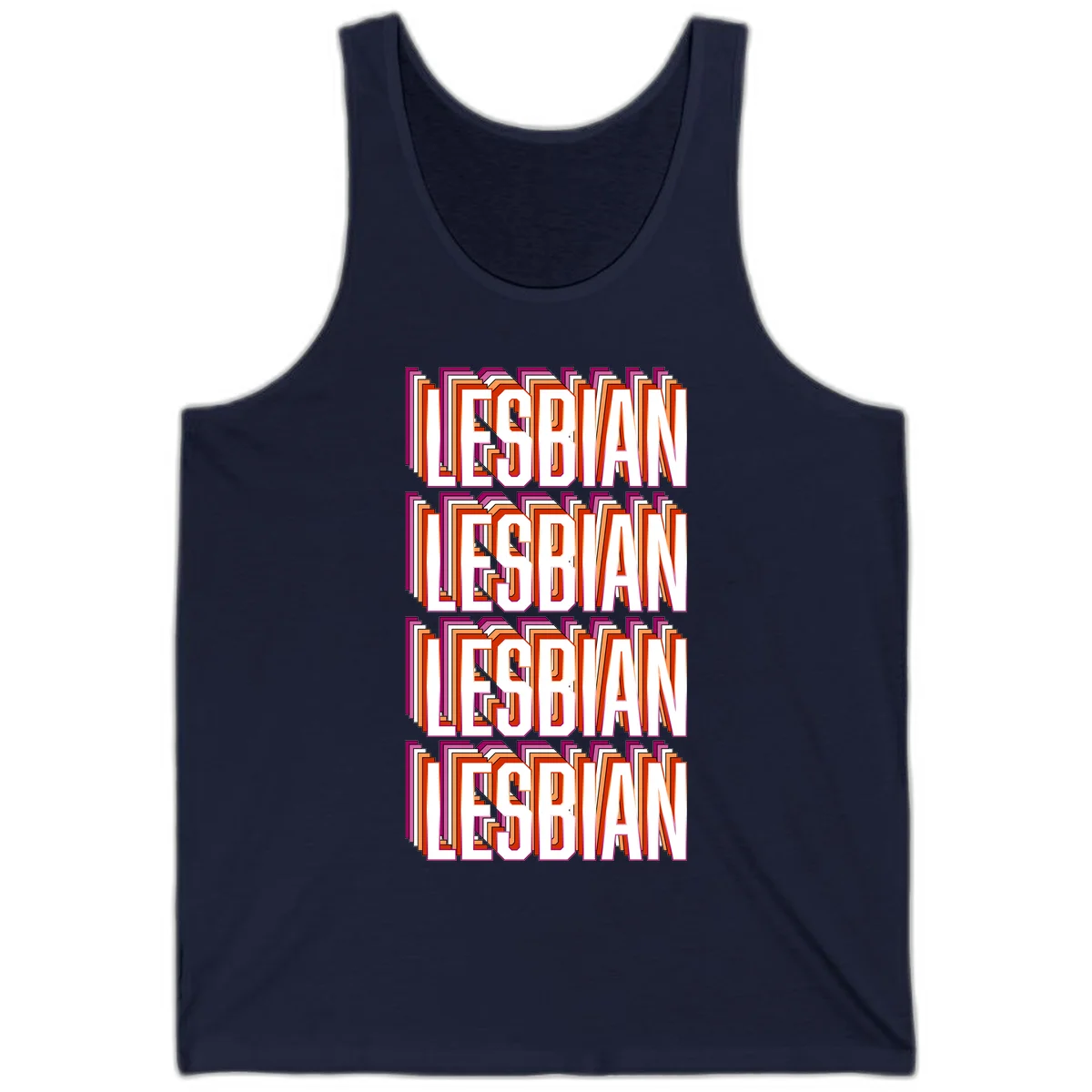 Lesbian retro 3D text design with layered purple, magenta, orange and red striped lettering creating dimensional shadow effect in Navy