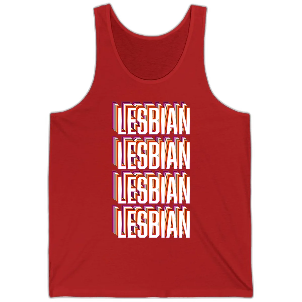 Lesbian retro 3D text design with layered purple, magenta, orange and red striped lettering creating dimensional shadow effect in Red