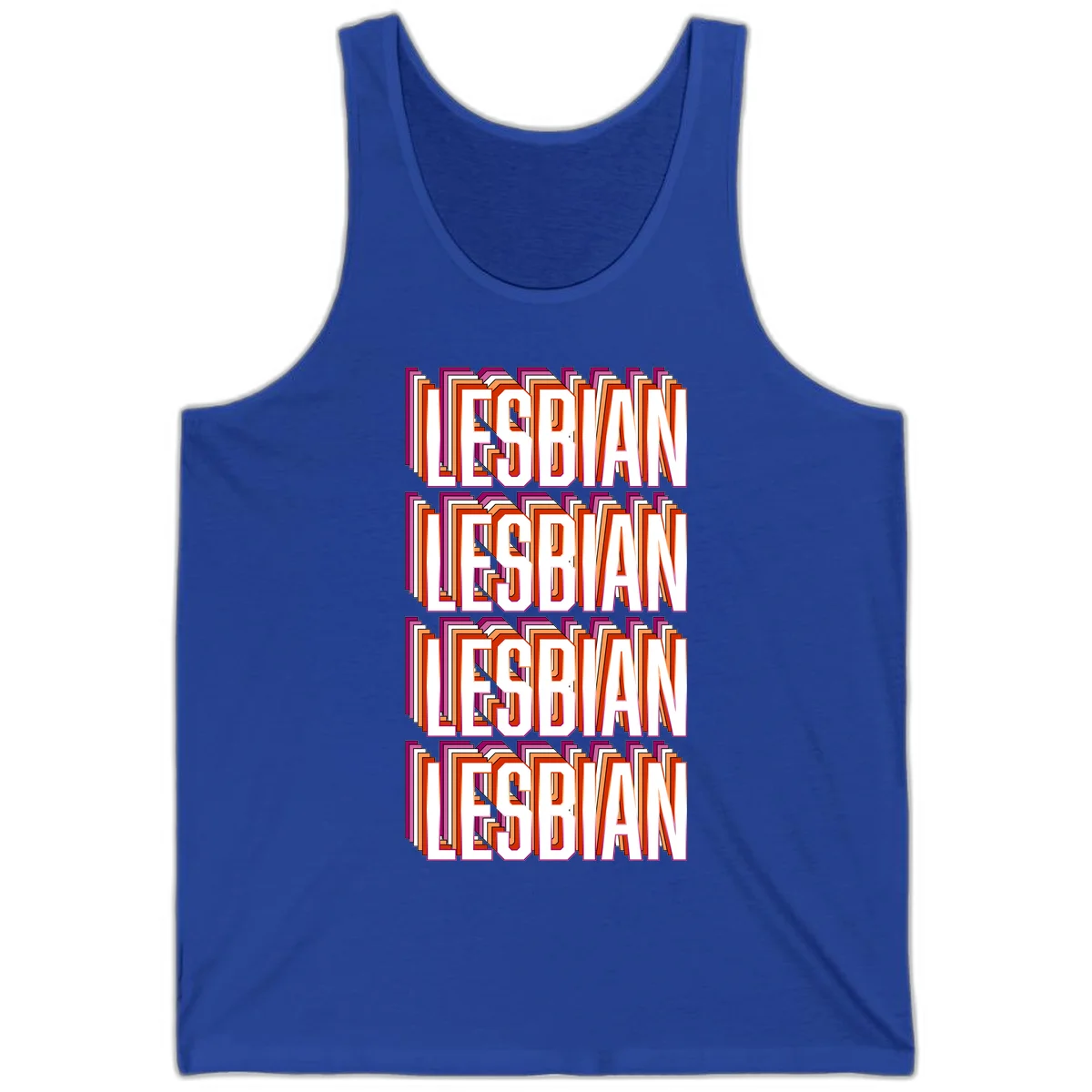 Lesbian retro 3D text design with layered purple, magenta, orange and red striped lettering creating dimensional shadow effect in True Royal