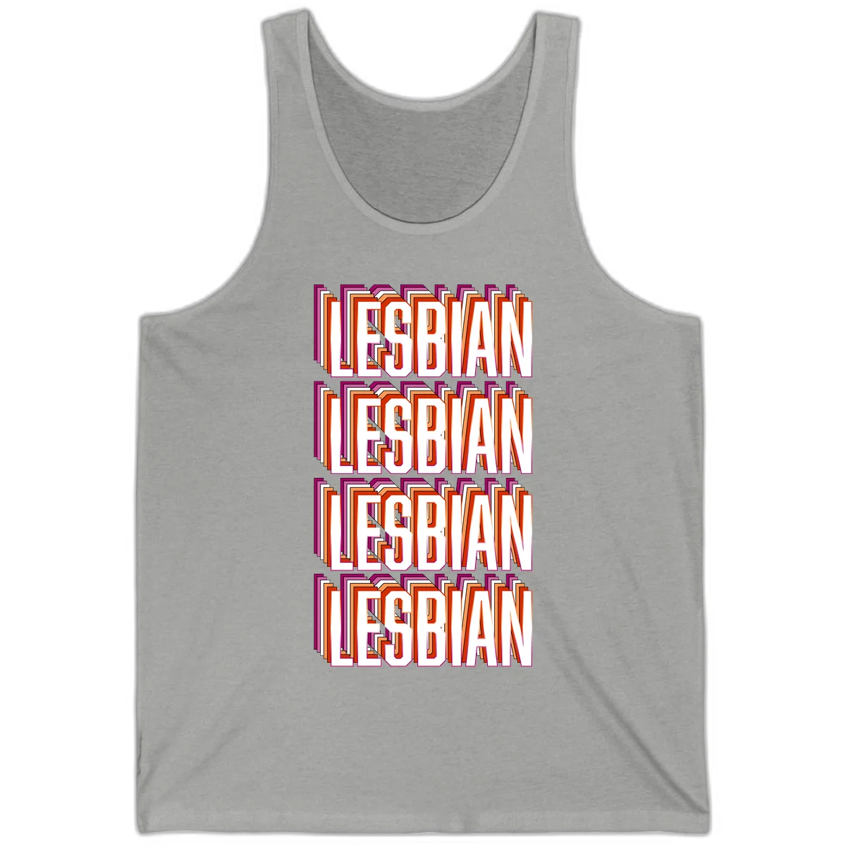 Lesbian retro 3D text design with layered purple, magenta, orange and red striped lettering creating dimensional shadow effect in Athletic Heather