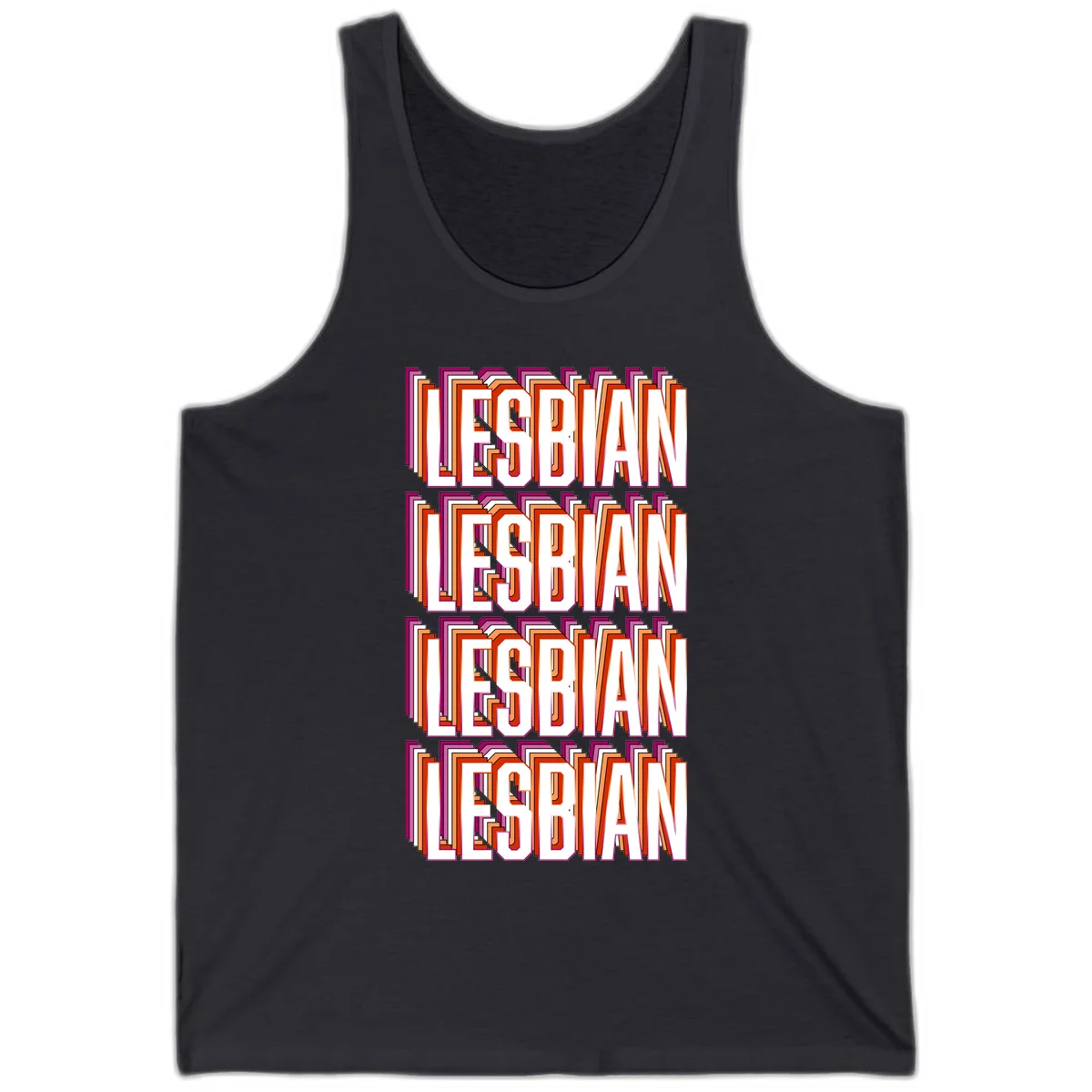 Lesbian retro 3D text design with layered purple, magenta, orange and red striped lettering creating dimensional shadow effect in Dark Grey
