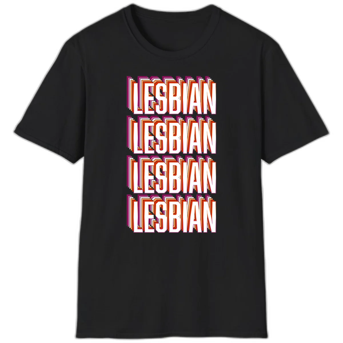 Lesbian retro 3D text design with layered purple, magenta, orange and red striped lettering creating dimensional shadow effect in Black