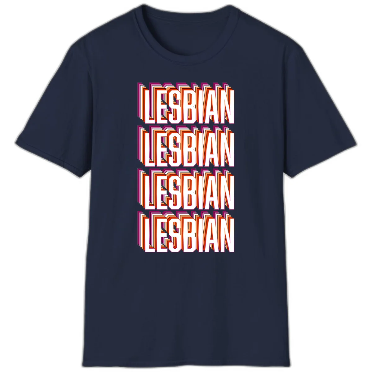 Lesbian retro 3D text design with layered purple, magenta, orange and red striped lettering creating dimensional shadow effect in Navy