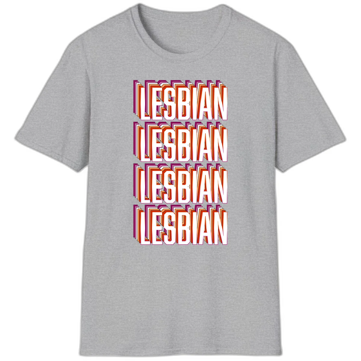Lesbian retro 3D text design with layered purple, magenta, orange and red striped lettering creating dimensional shadow effect in Sport Grey