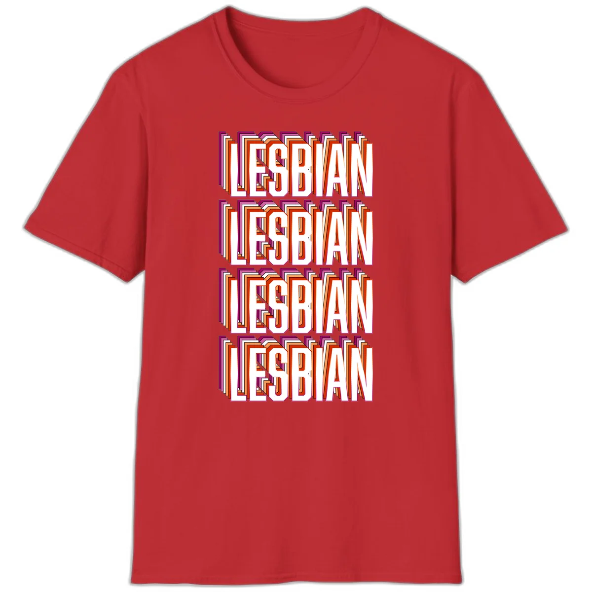Lesbian retro 3D text design with layered purple, magenta, orange and red striped lettering creating dimensional shadow effect in Red