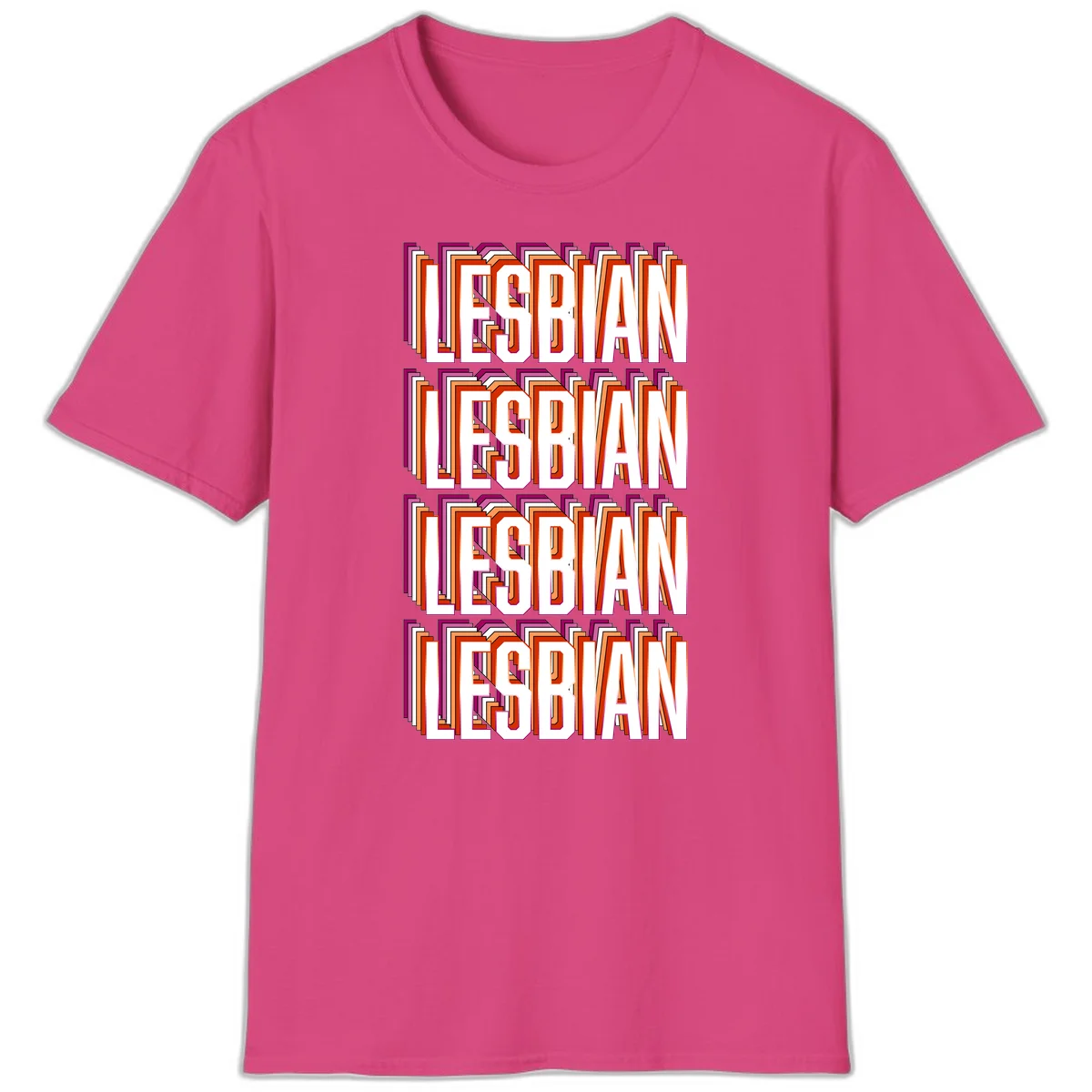 Lesbian retro 3D text design with layered purple, magenta, orange and red striped lettering creating dimensional shadow effect in Heliconia