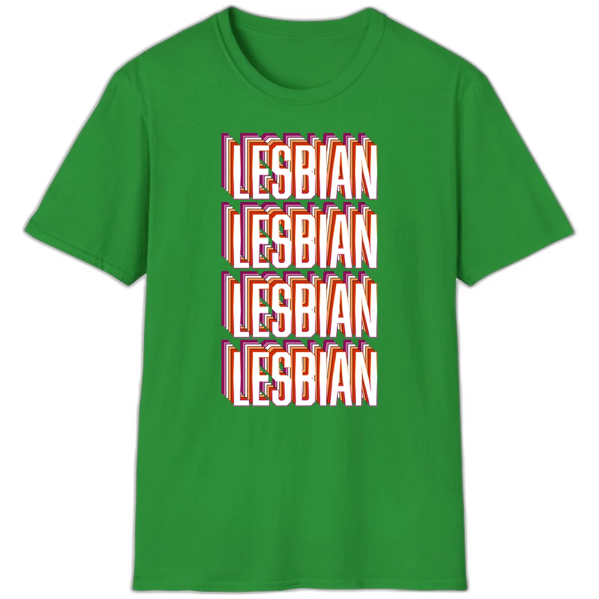 Lesbian retro 3D text design with layered purple, magenta, orange and red striped lettering creating dimensional shadow effect in Irish Green