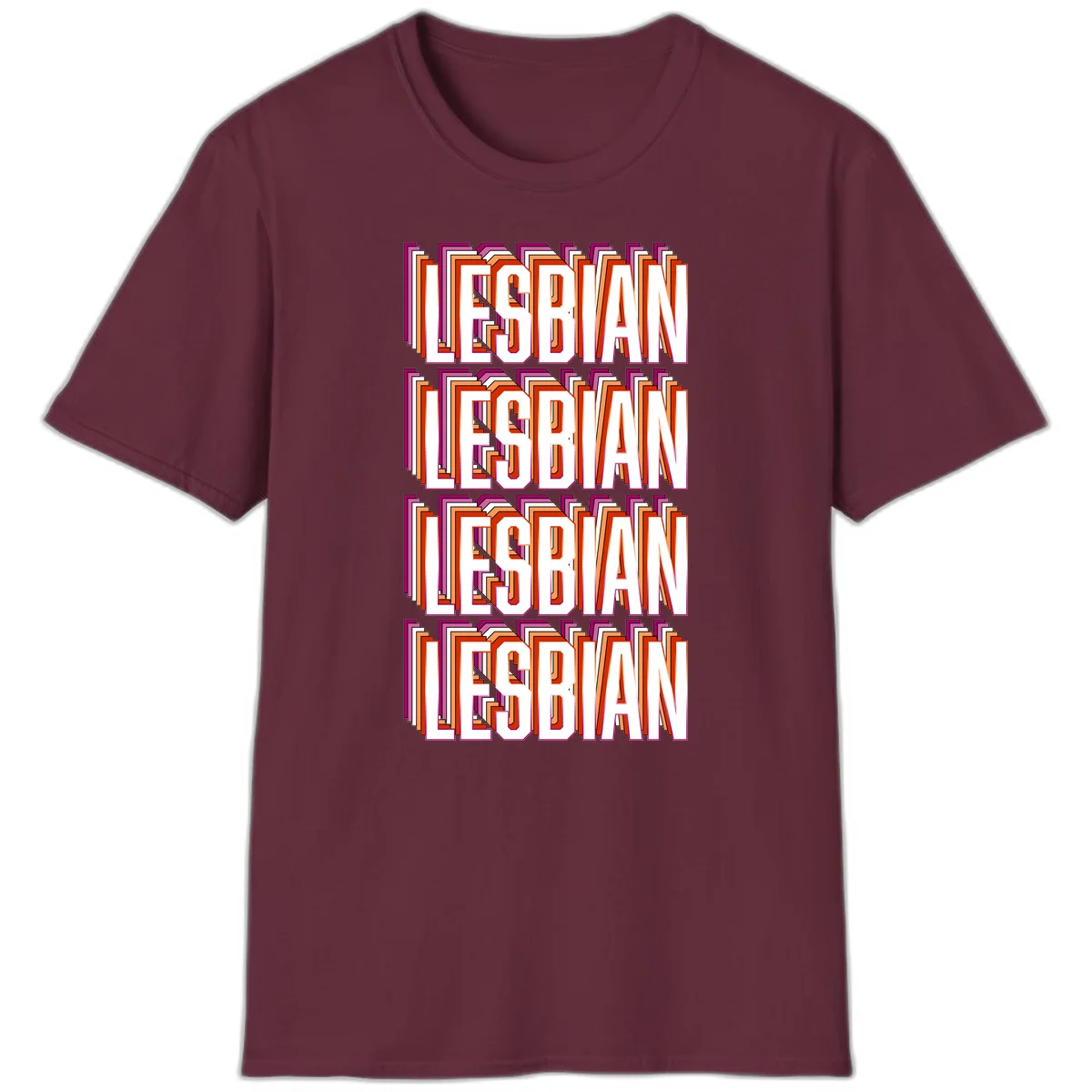 Lesbian retro 3D text design with layered purple, magenta, orange and red striped lettering creating dimensional shadow effect in Maroon