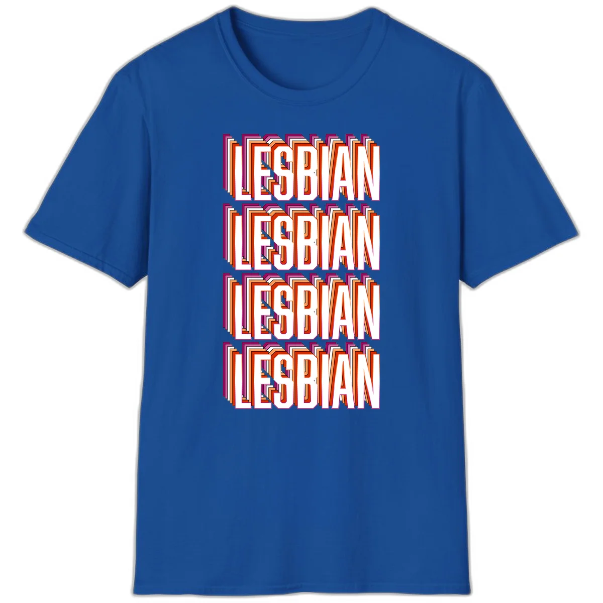 Lesbian retro 3D text design with layered purple, magenta, orange and red striped lettering creating dimensional shadow effect in Royal