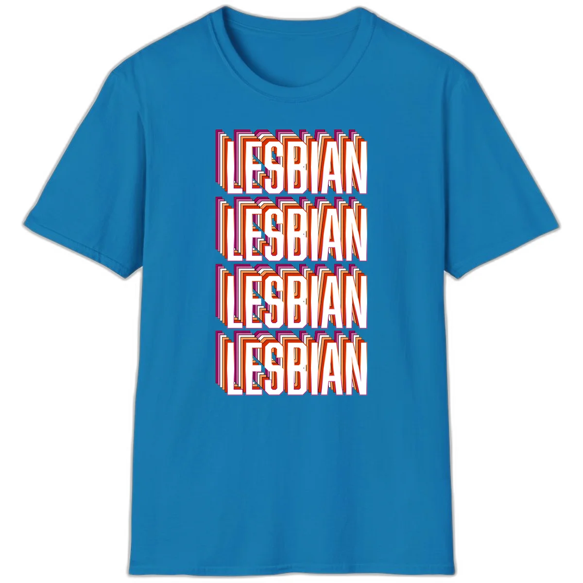Lesbian retro 3D text design with layered purple, magenta, orange and red striped lettering creating dimensional shadow effect in Sapphire