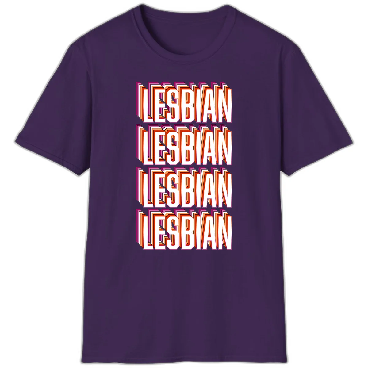 Lesbian retro 3D text design with layered purple, magenta, orange and red striped lettering creating dimensional shadow effect in Purple