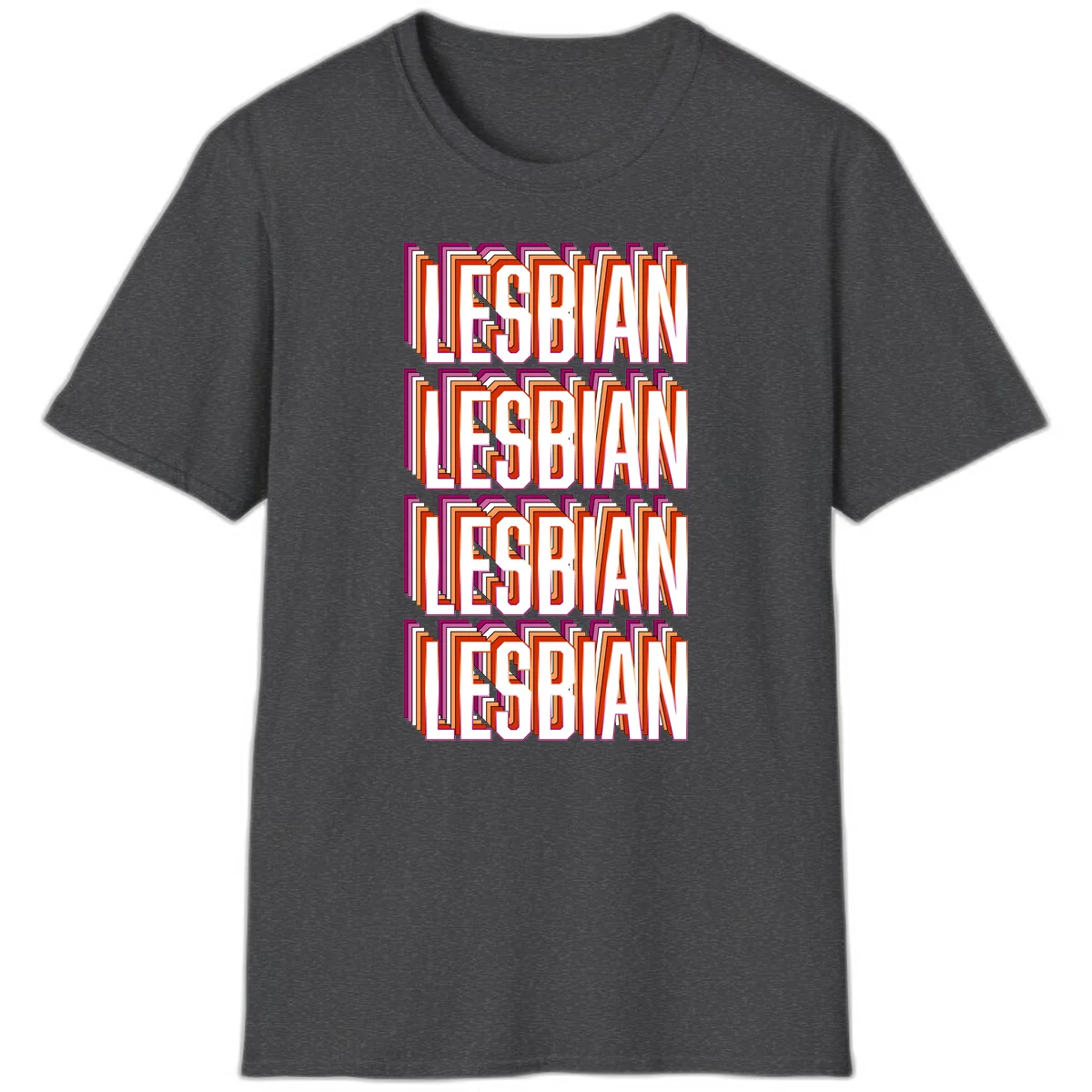 Lesbian retro 3D text design with layered purple, magenta, orange and red striped lettering creating dimensional shadow effect in Dark Heather