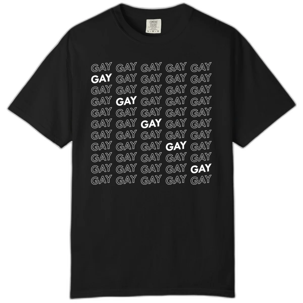Gay pride pattern repeat design with the word GAY in outlined and solid white letters on a gray background in Black