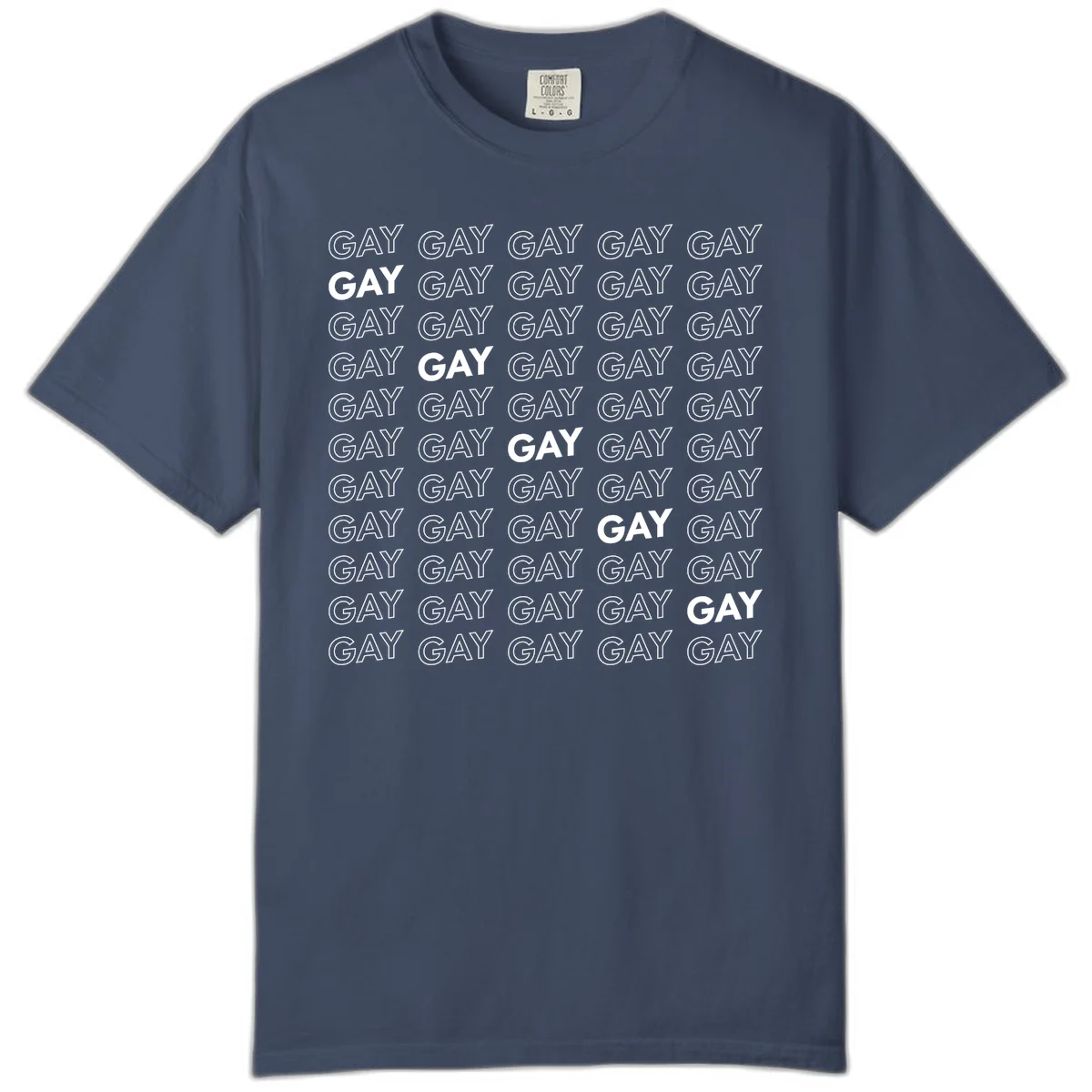 Gay pride pattern repeat design with the word GAY in outlined and solid white letters on a gray background in Midnight