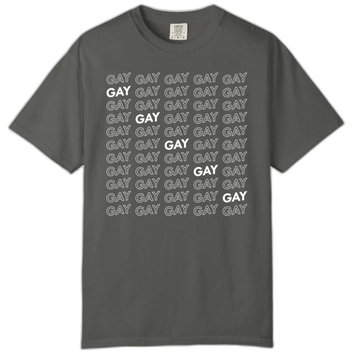 Gay pride pattern repeat design with the word GAY in outlined and solid white letters on a gray background in Pepper