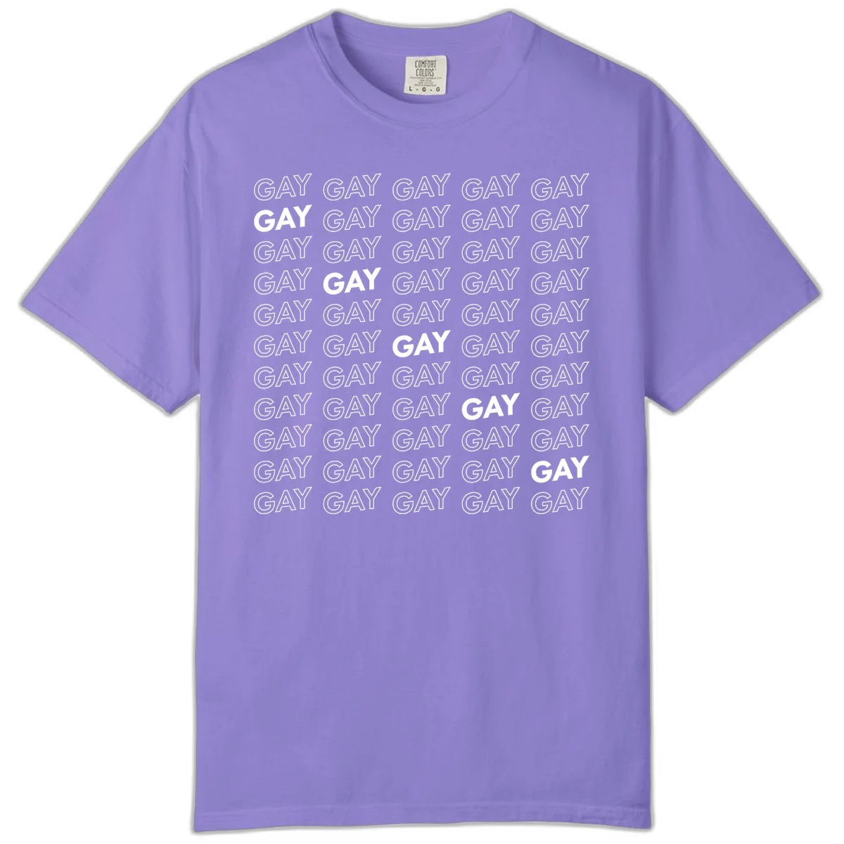 Gay pride pattern repeat design with the word GAY in outlined and solid white letters on a gray background in Violet
