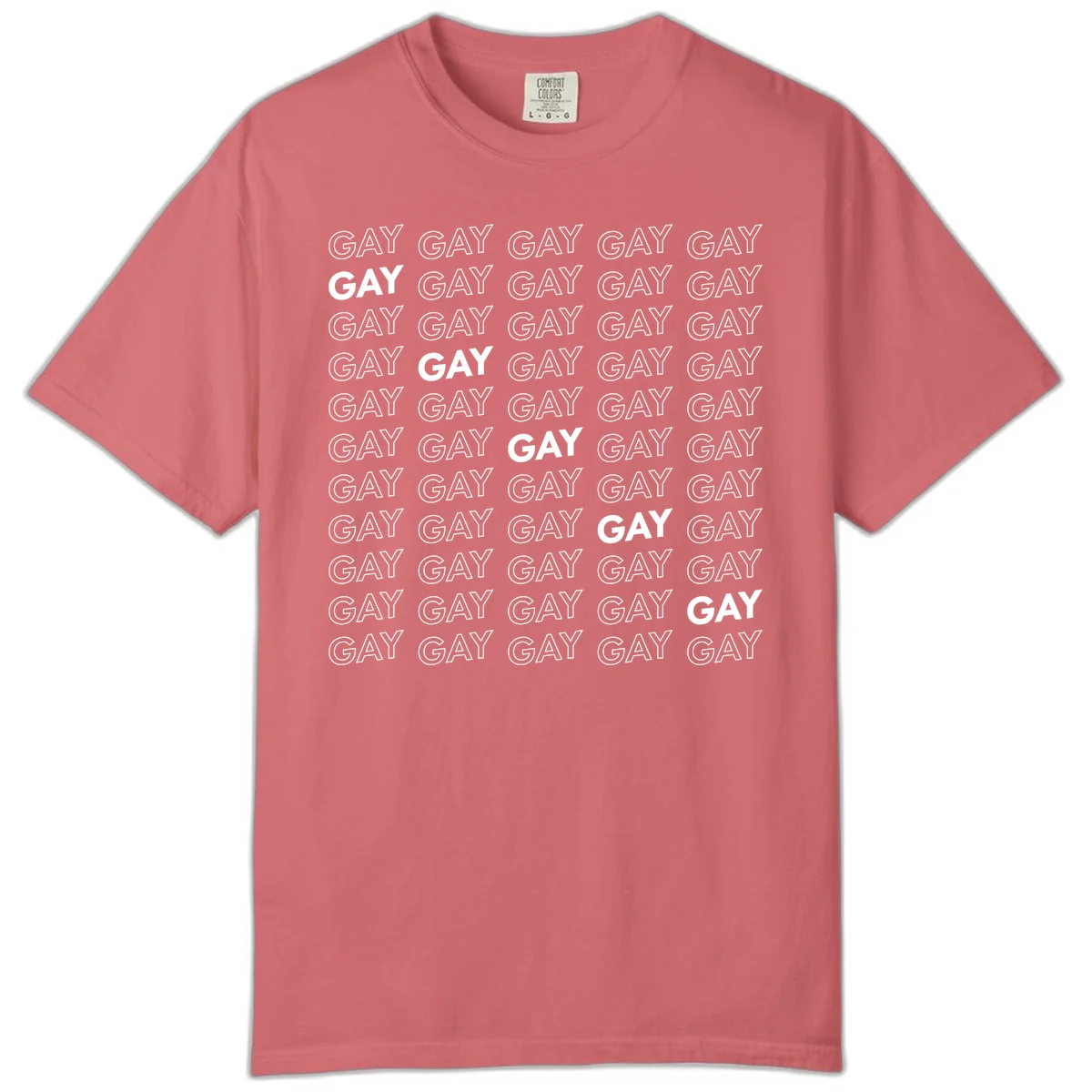 Gay pride pattern repeat design with the word GAY in outlined and solid white letters on a gray background in Watermelon
