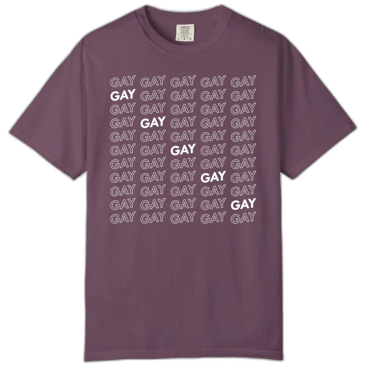 Gay pride pattern repeat design with the word GAY in outlined and solid white letters on a gray background in Berry