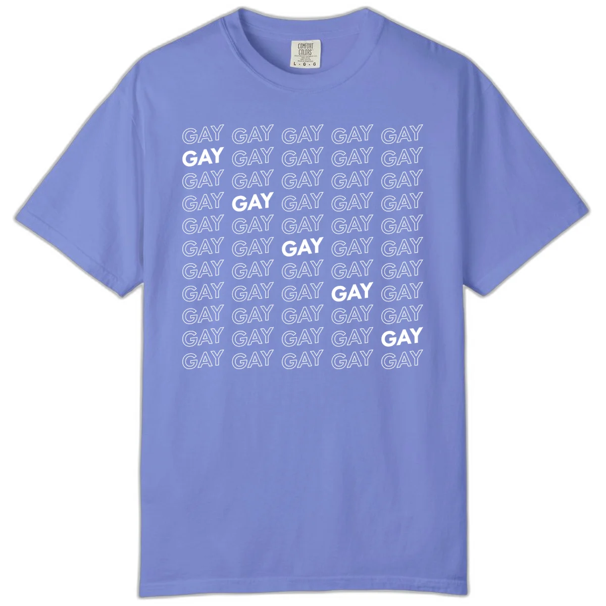 Gay pride pattern repeat design with the word GAY in outlined and solid white letters on a gray background in Flo Blue