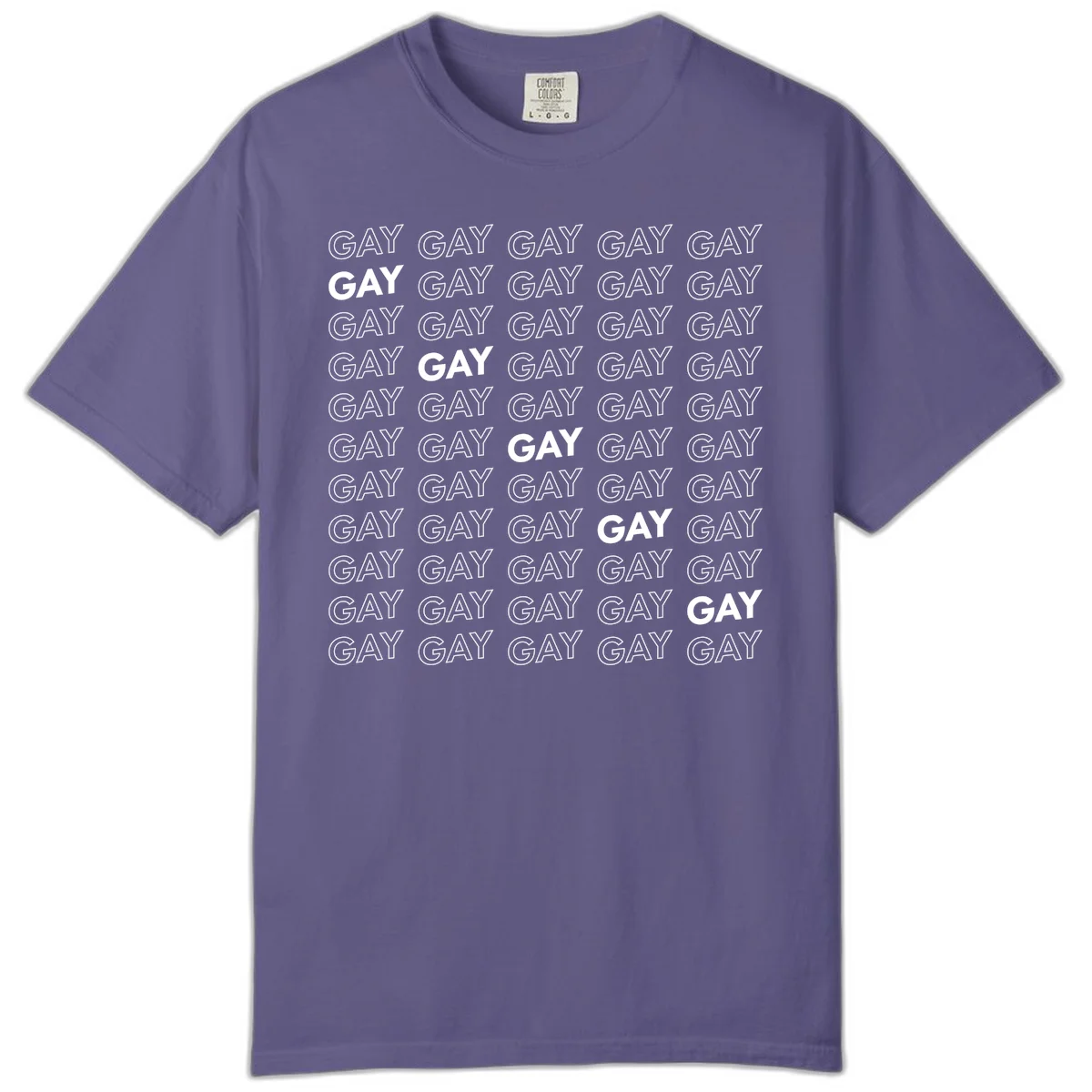 Gay pride pattern repeat design with the word GAY in outlined and solid white letters on a gray background in Grape