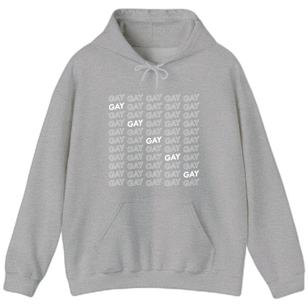 Gay pride pattern repeat design with the word GAY in outlined and solid white letters on a gray background in Sport Grey