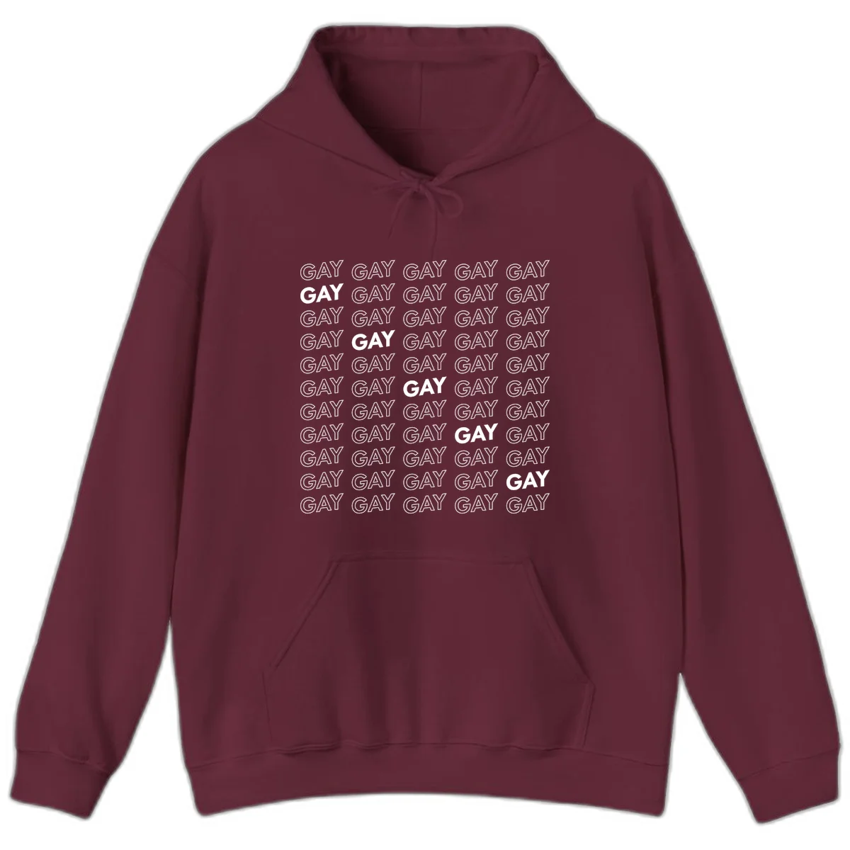 Gay pride pattern repeat design with the word GAY in outlined and solid white letters on a gray background in Maroon