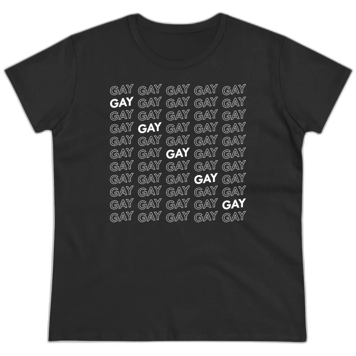 Gay pride pattern repeat design with the word GAY in outlined and solid white letters on a gray background in Black