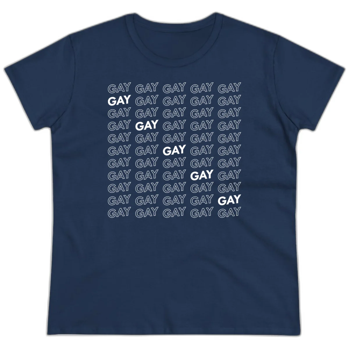 Gay pride pattern repeat design with the word GAY in outlined and solid white letters on a gray background in Navy