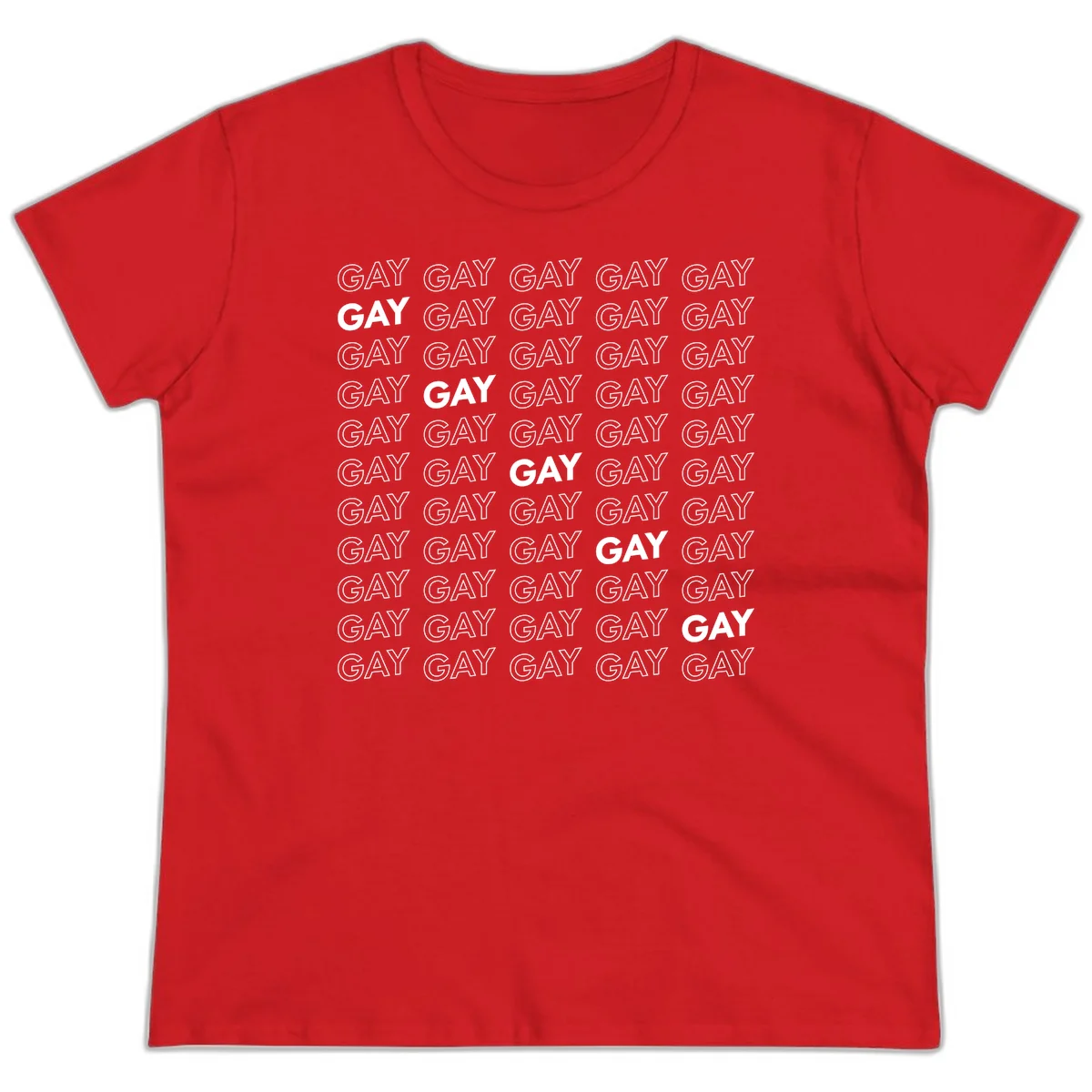 Gay pride pattern repeat design with the word GAY in outlined and solid white letters on a gray background in Red