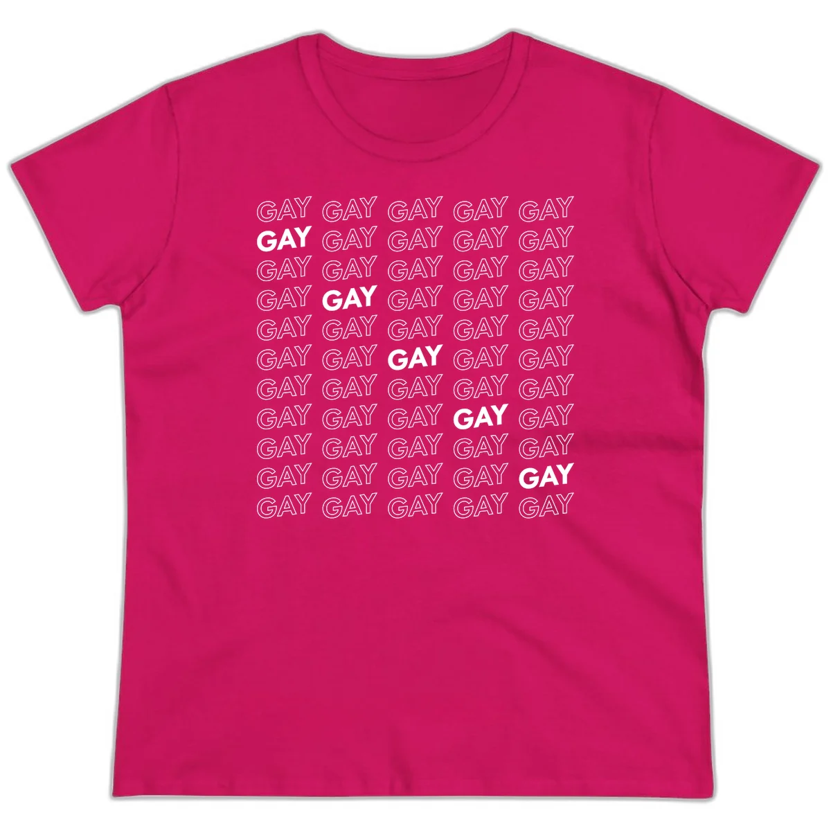 Gay pride pattern repeat design with the word GAY in outlined and solid white letters on a gray background in Heliconia