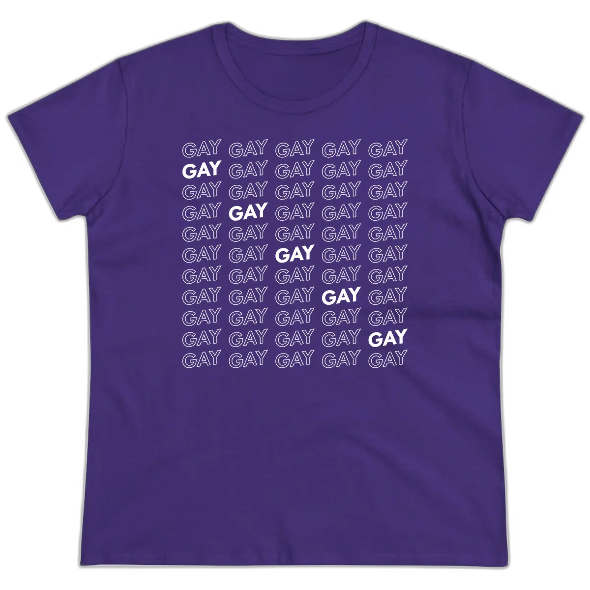 Gay pride pattern repeat design with the word GAY in outlined and solid white letters on a gray background in Purple
