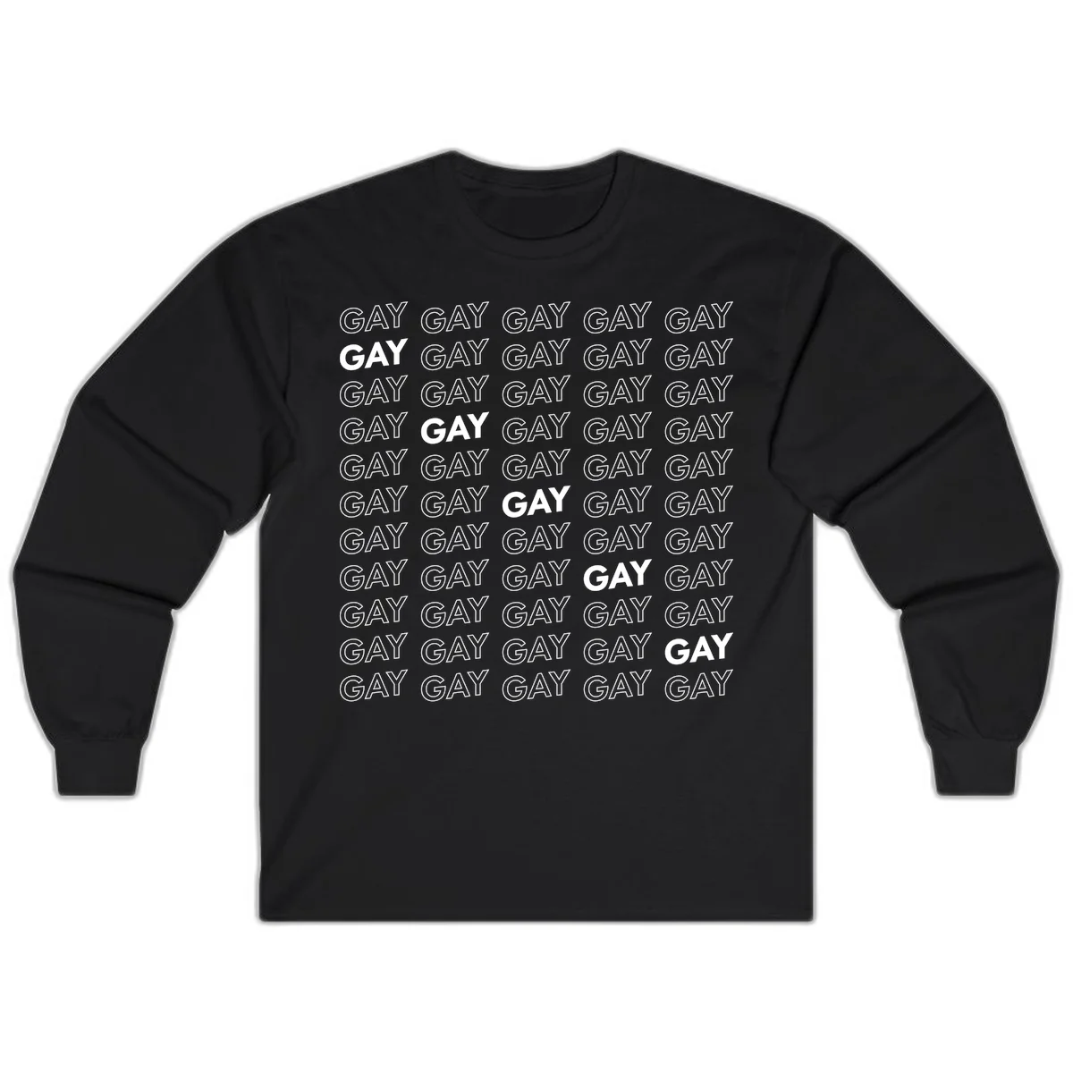 Gay pride pattern repeat design with the word GAY in outlined and solid white letters on a gray background in Black