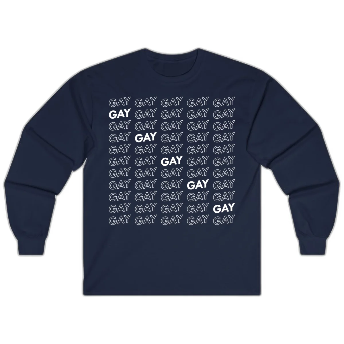 Gay pride pattern repeat design with the word GAY in outlined and solid white letters on a gray background in Navy