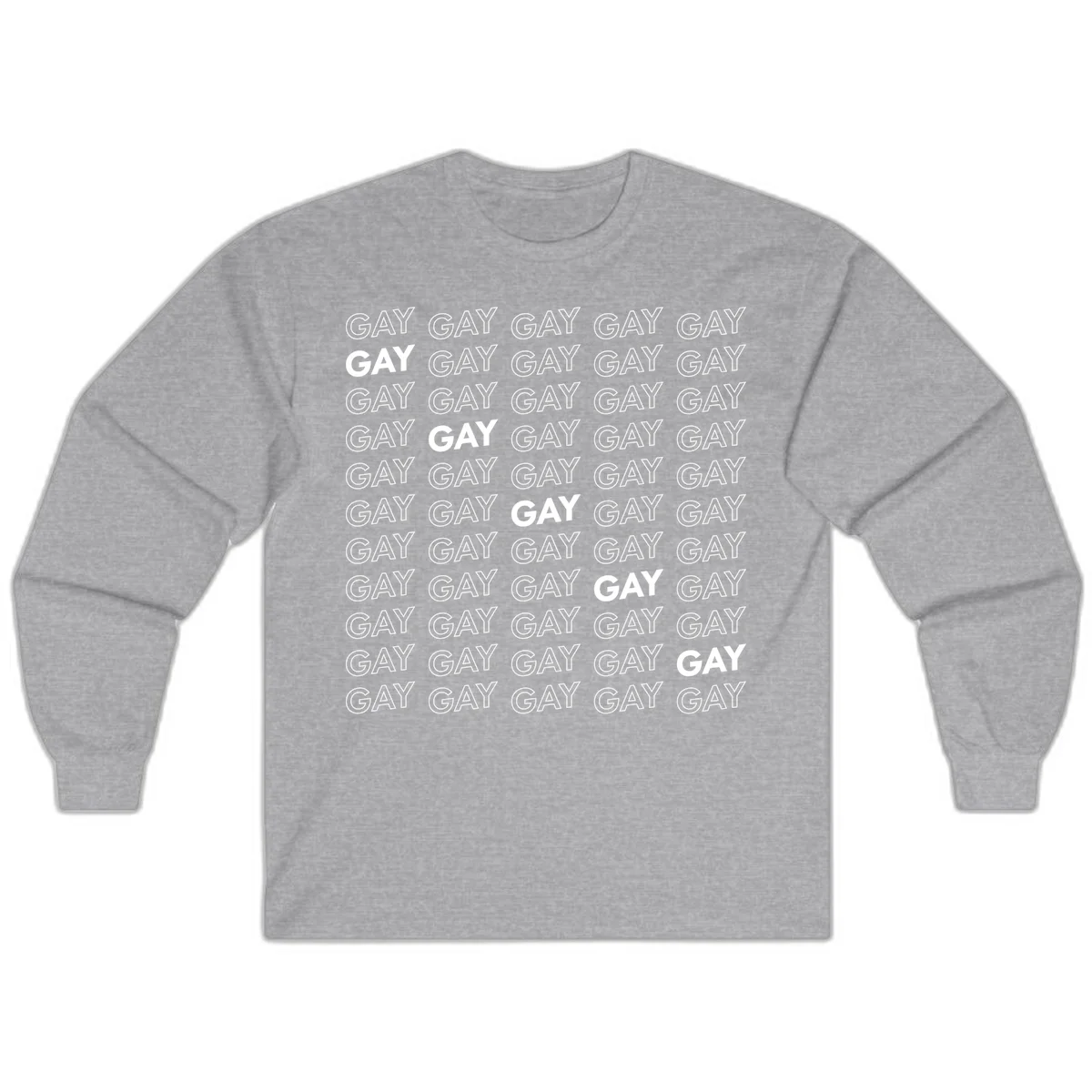 Gay pride pattern repeat design with the word GAY in outlined and solid white letters on a gray background in Sport Grey