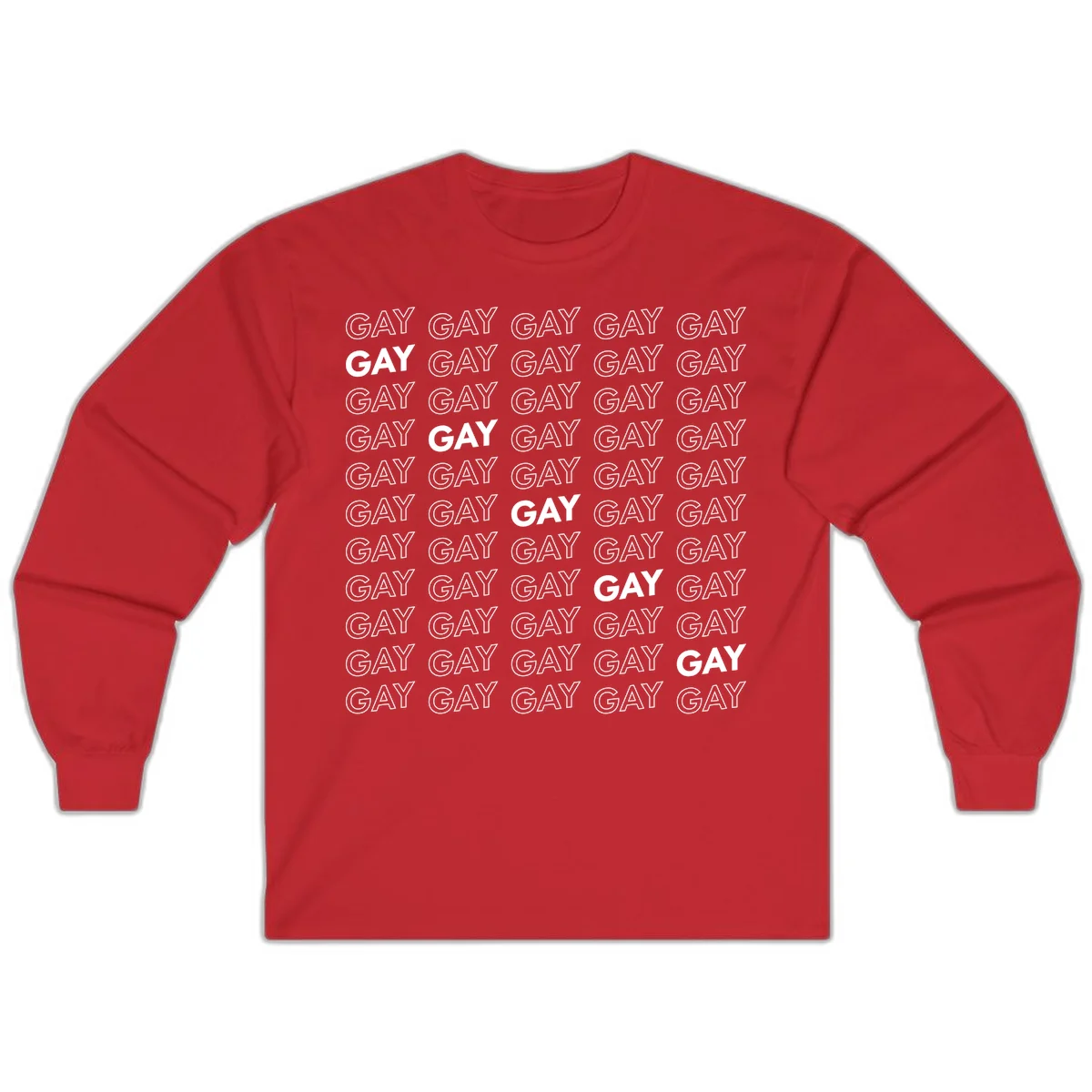 Gay pride pattern repeat design with the word GAY in outlined and solid white letters on a gray background in Red