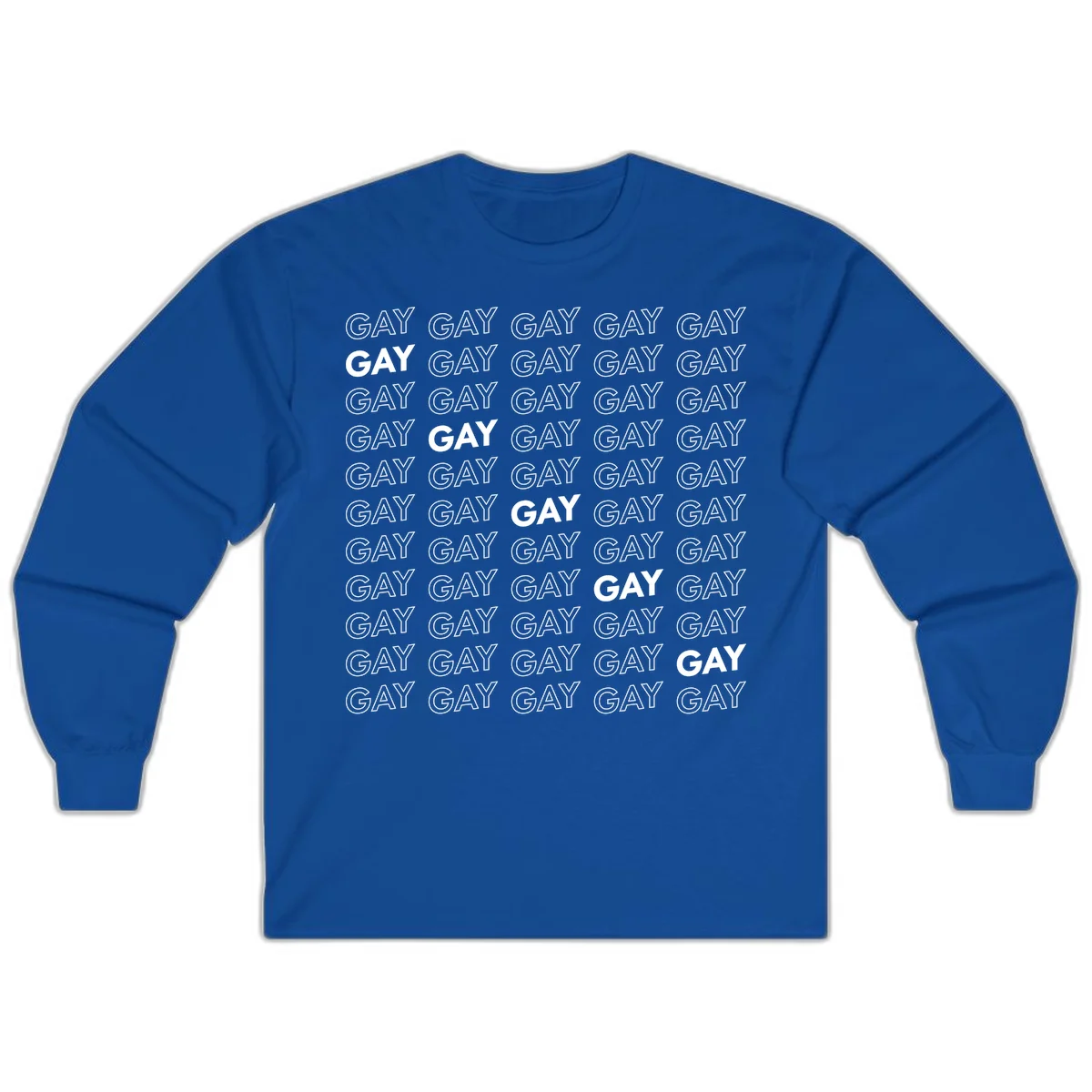 Gay pride pattern repeat design with the word GAY in outlined and solid white letters on a gray background in Royal