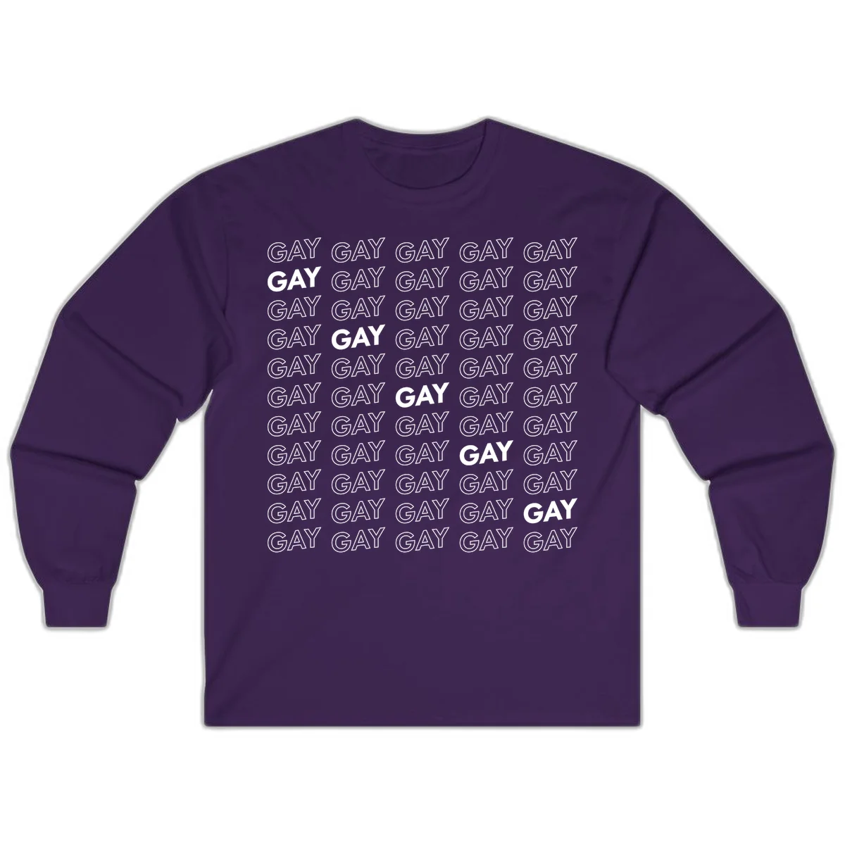 Gay pride pattern repeat design with the word GAY in outlined and solid white letters on a gray background in Purple