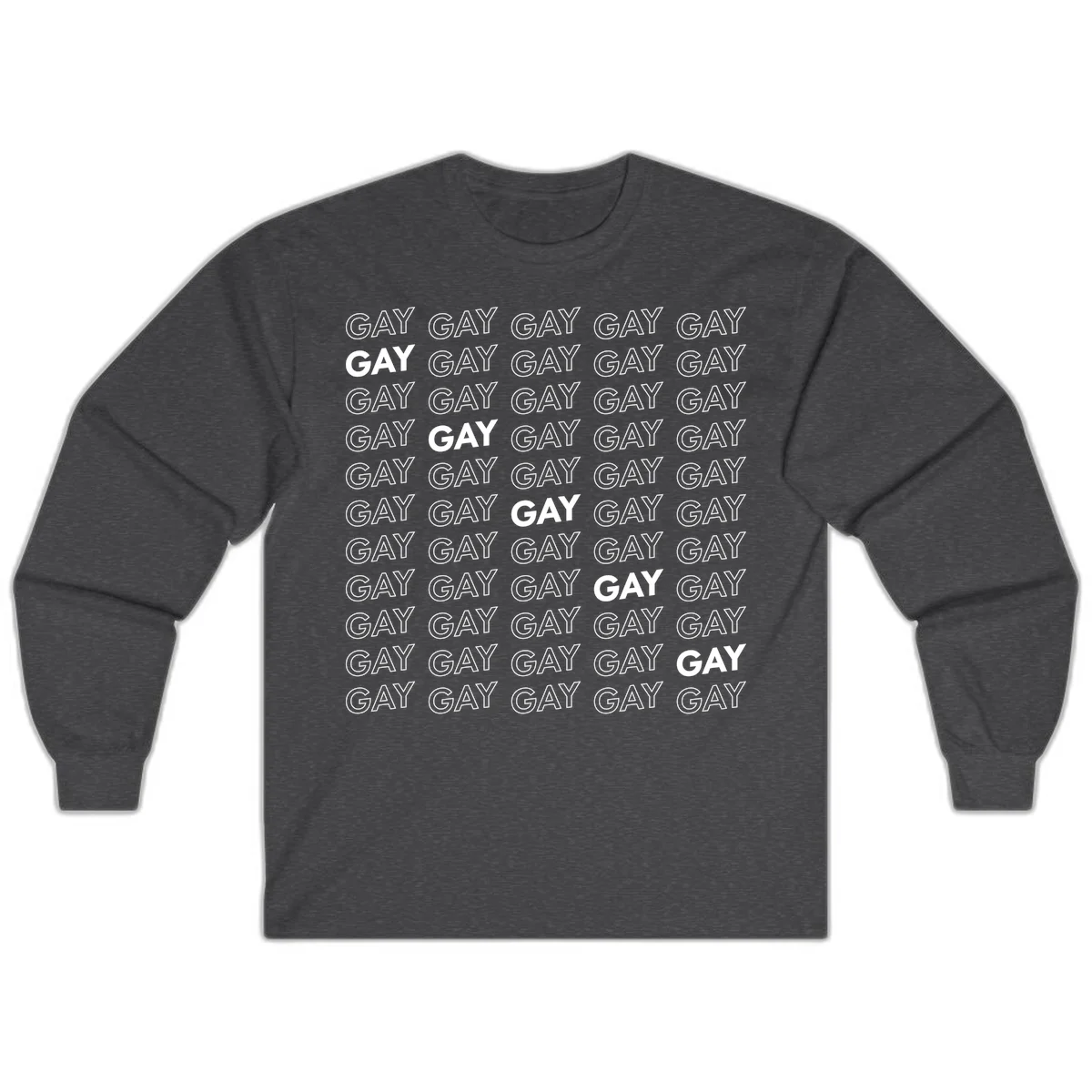 Gay pride pattern repeat design with the word GAY in outlined and solid white letters on a gray background in Dark Heather