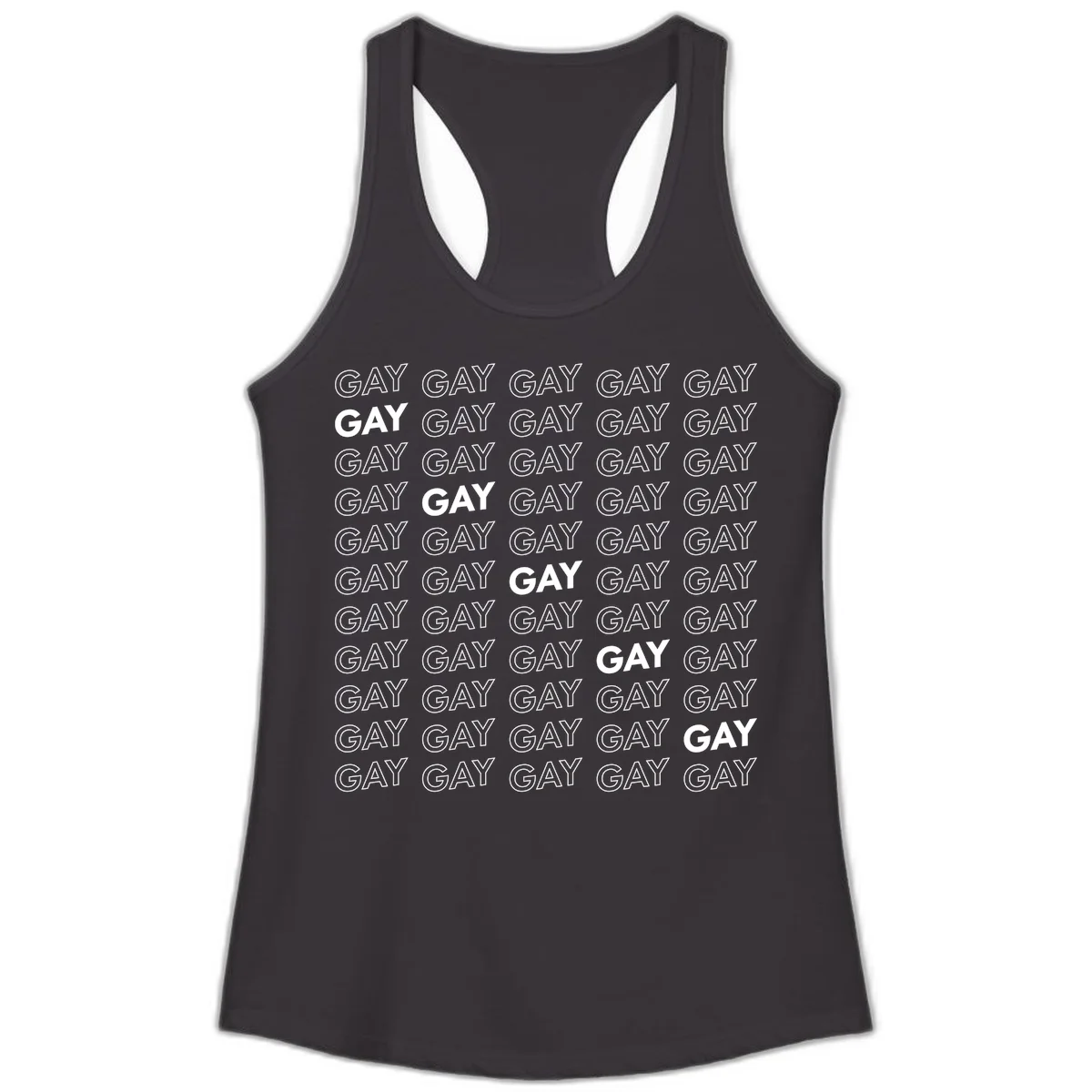 Gay pride pattern repeat design with the word GAY in outlined and solid white letters on a gray background in Black