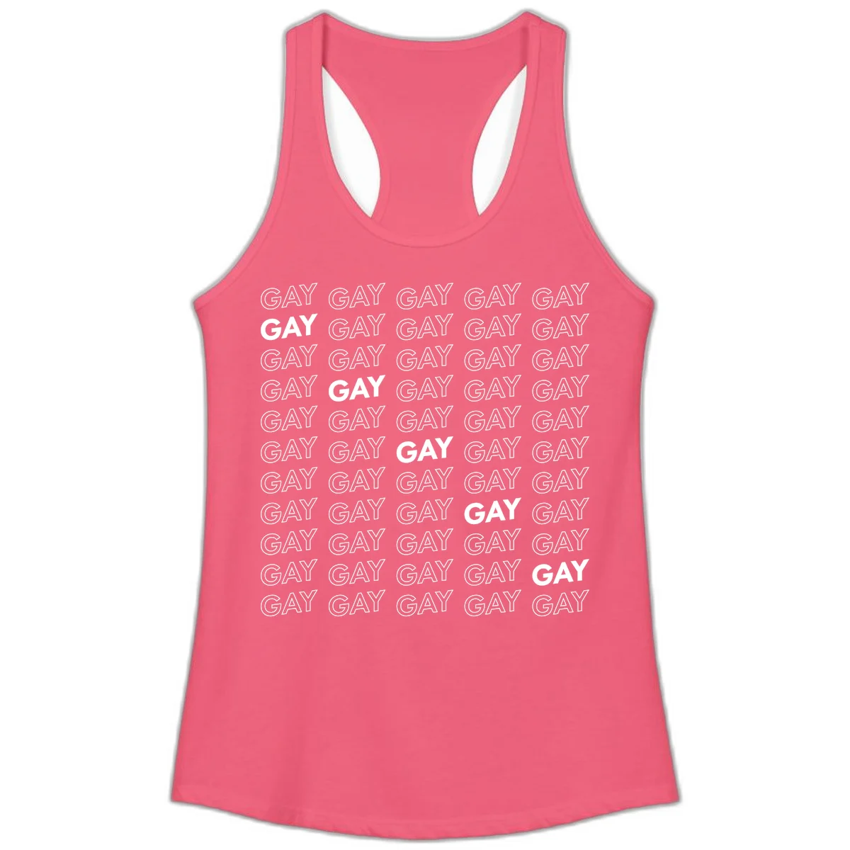 Gay pride pattern repeat design with the word GAY in outlined and solid white letters on a gray background in Hot Pink