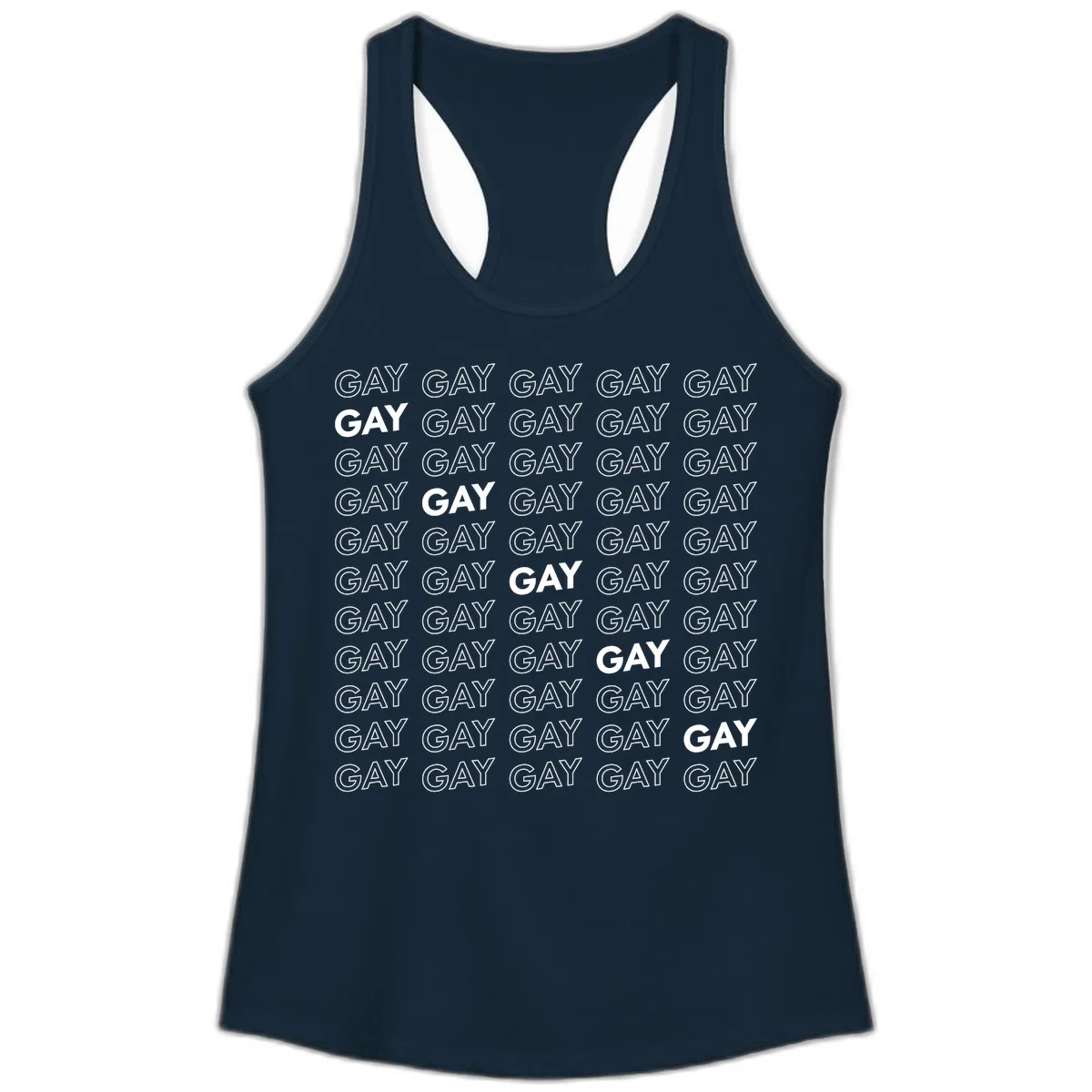 Gay pride pattern repeat design with the word GAY in outlined and solid white letters on a gray background in Solid Midnight Navy